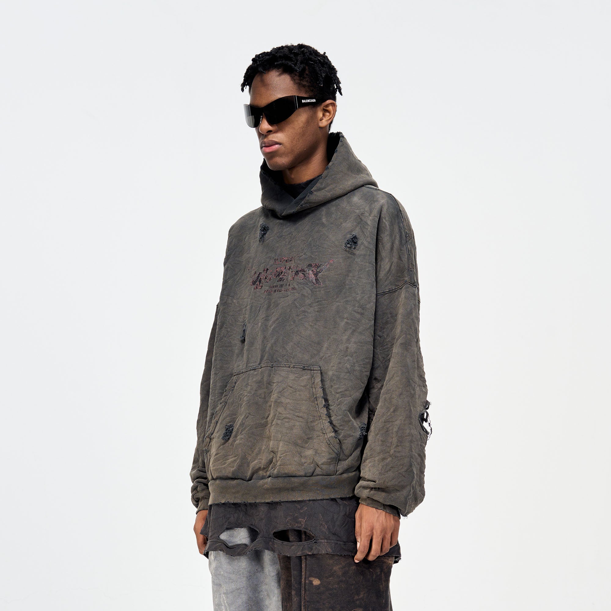 ULIPERY Dirty Fit Distressed Crinkled Hoodie Black