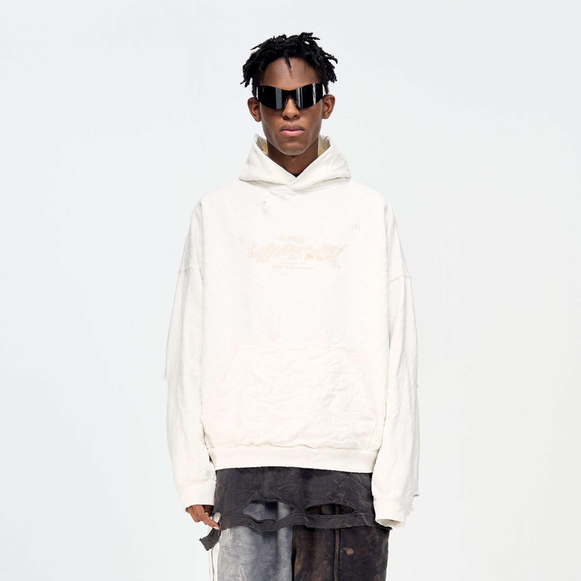 ULIPERY Dirty Fit Distressed Crinkled Hoodie White