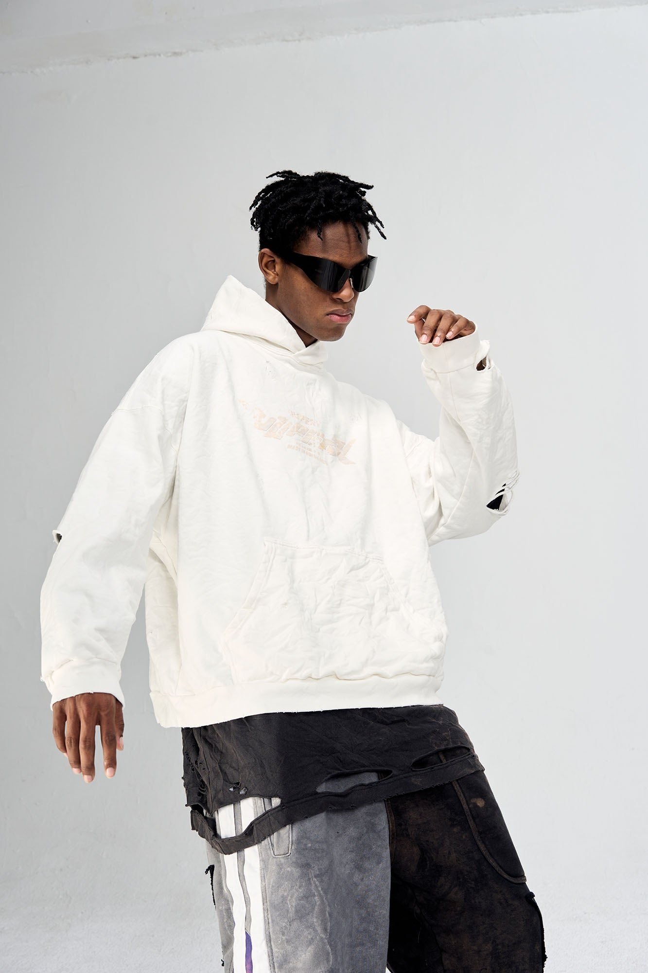 ULIPERY Dirty Fit Distressed Crinkled Hoodie White