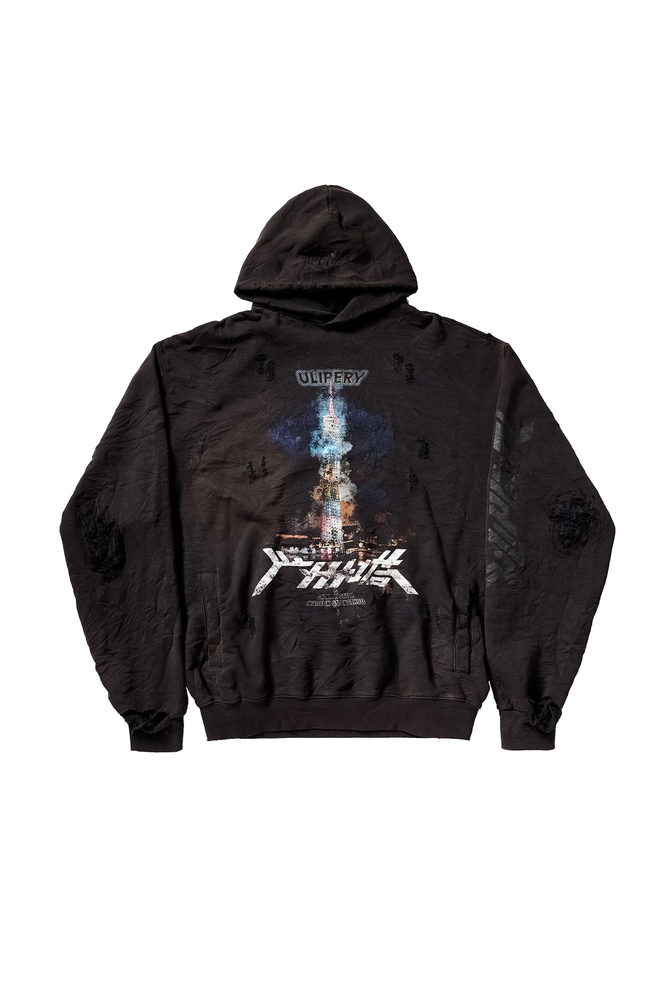 ULIPERY Distressed Glow Crinkled Hoodie
