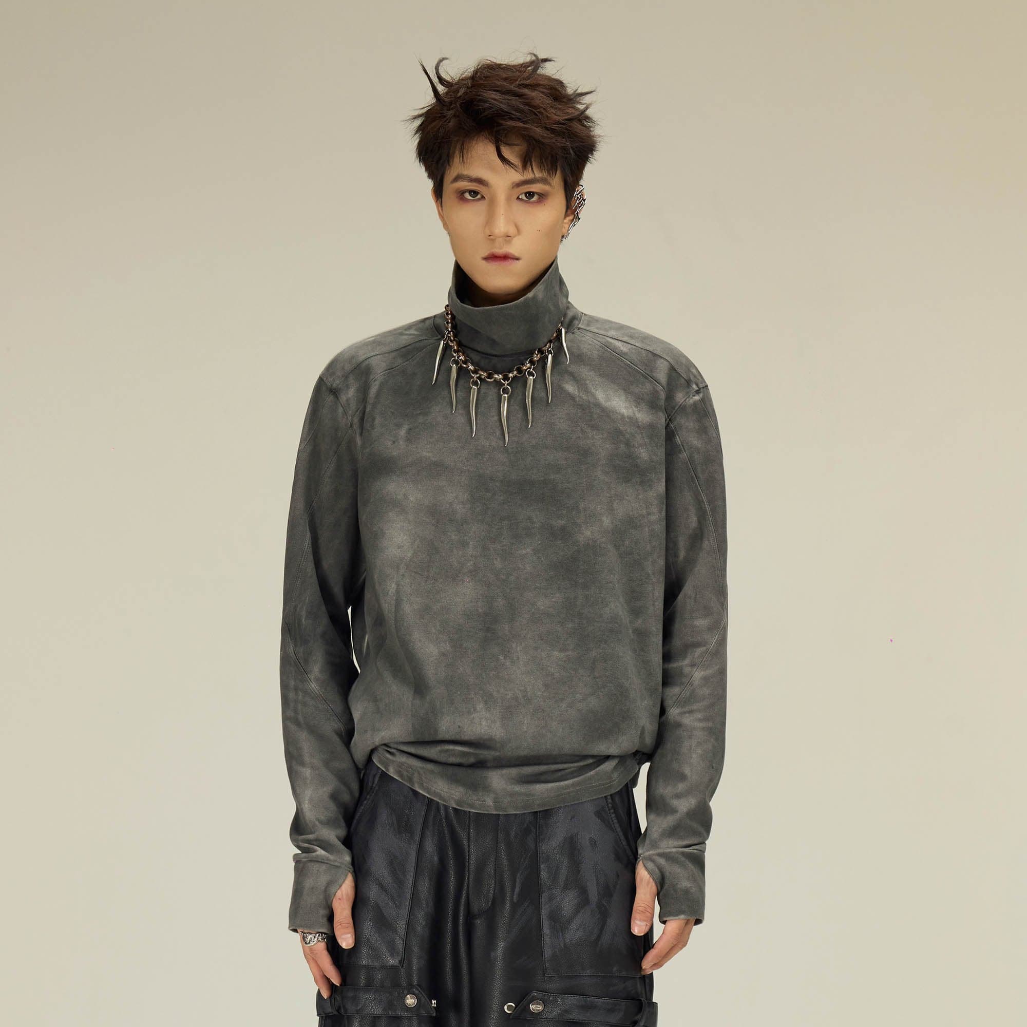 FLYERRER Distressed High-Neck Spliced Long-Sleeve Tee