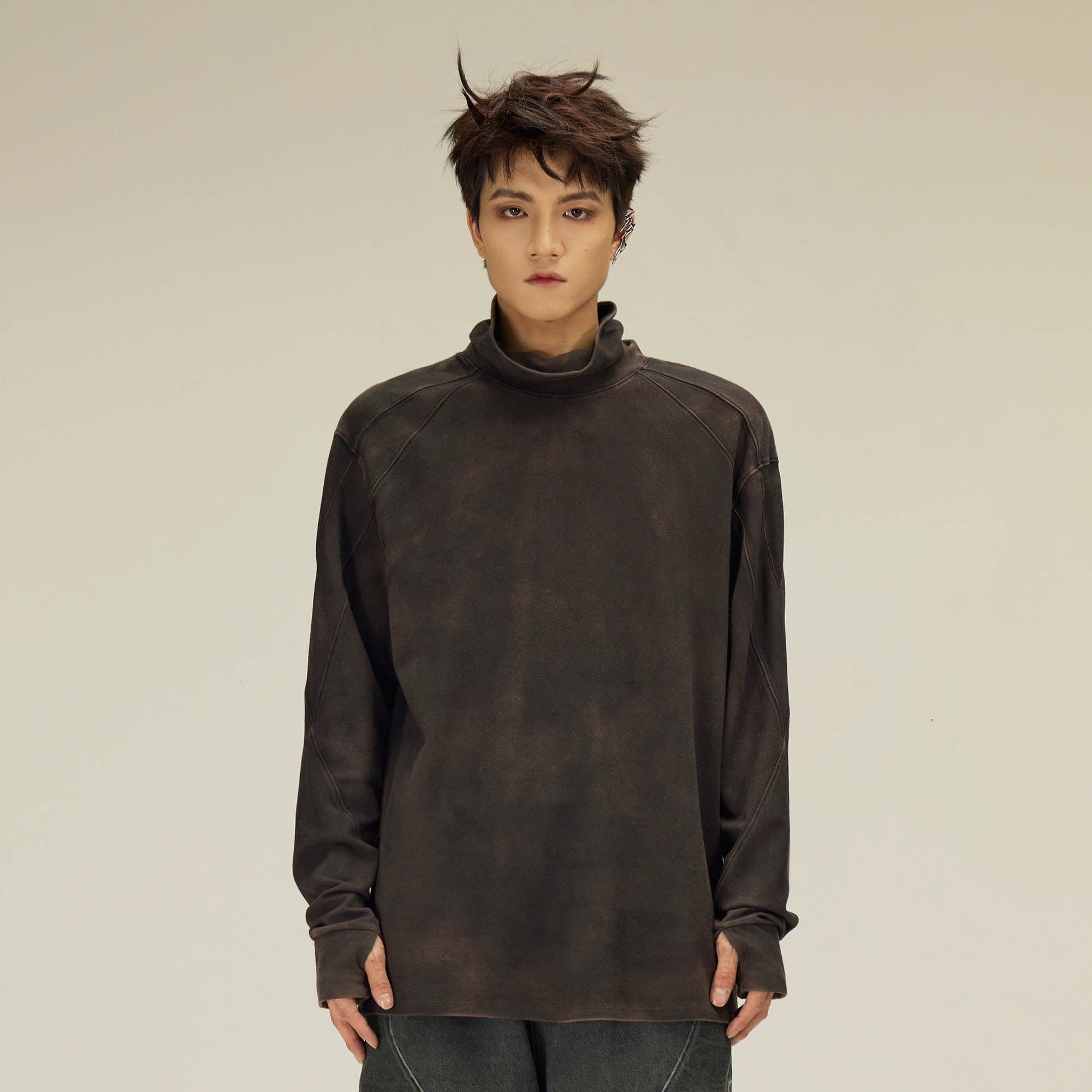 FLYERRER Distressed High-Neck Spliced Long-Sleeve Tee