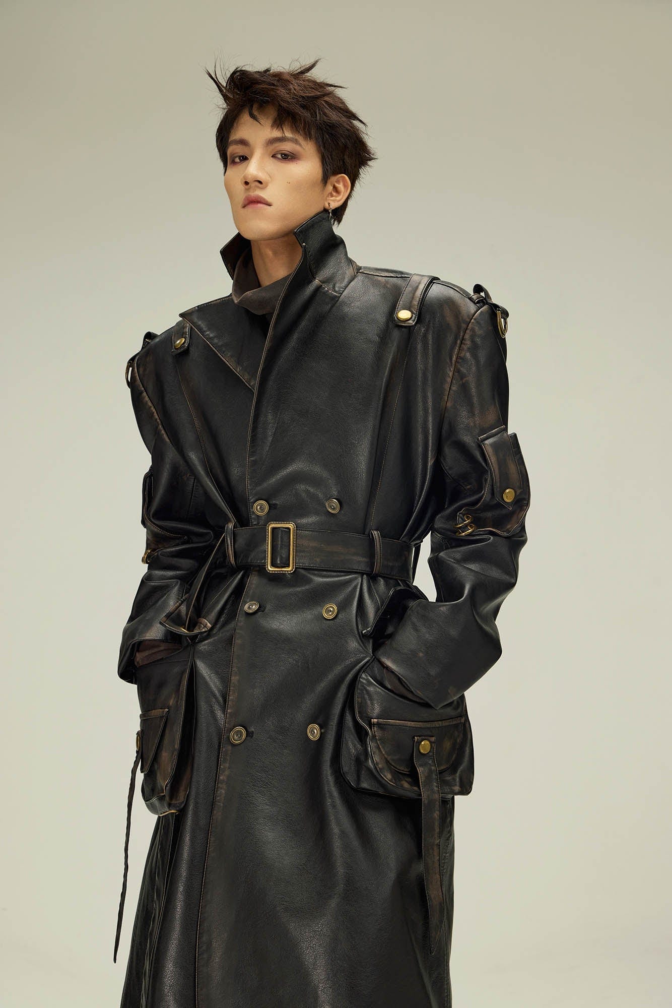 FLYERRER Multi-Pocket Belted Faux Leather Trench Coat