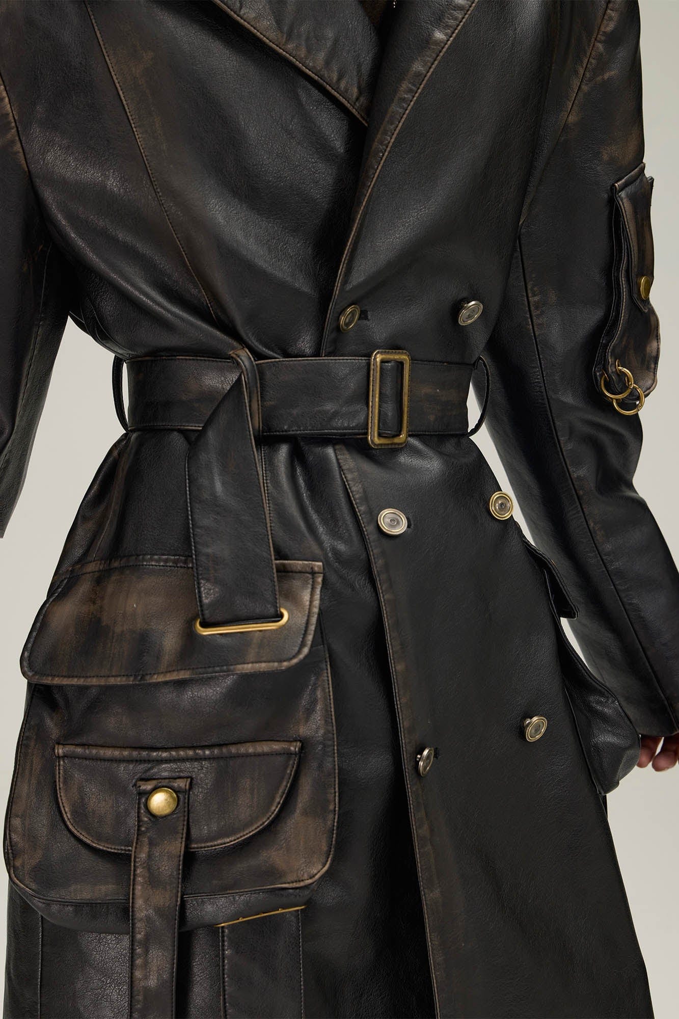 FLYERRER Multi-Pocket Belted Faux Leather Trench Coat