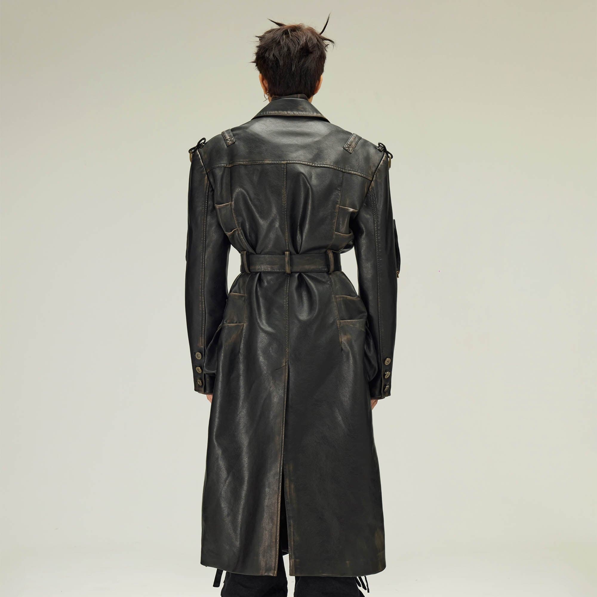 FLYERRER Multi-Pocket Belted Faux Leather Trench Coat