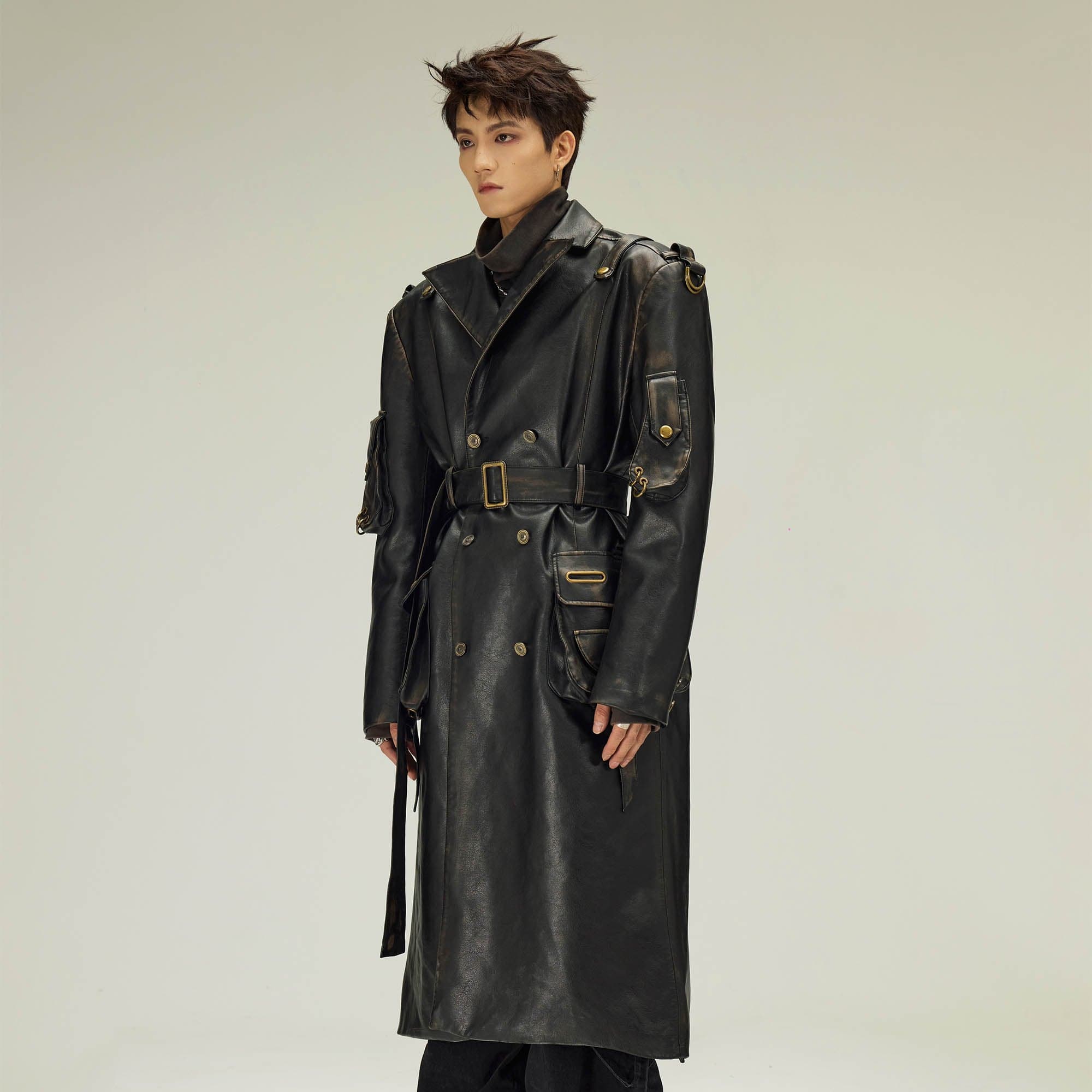 FLYERRER Multi-Pocket Belted Faux Leather Trench Coat