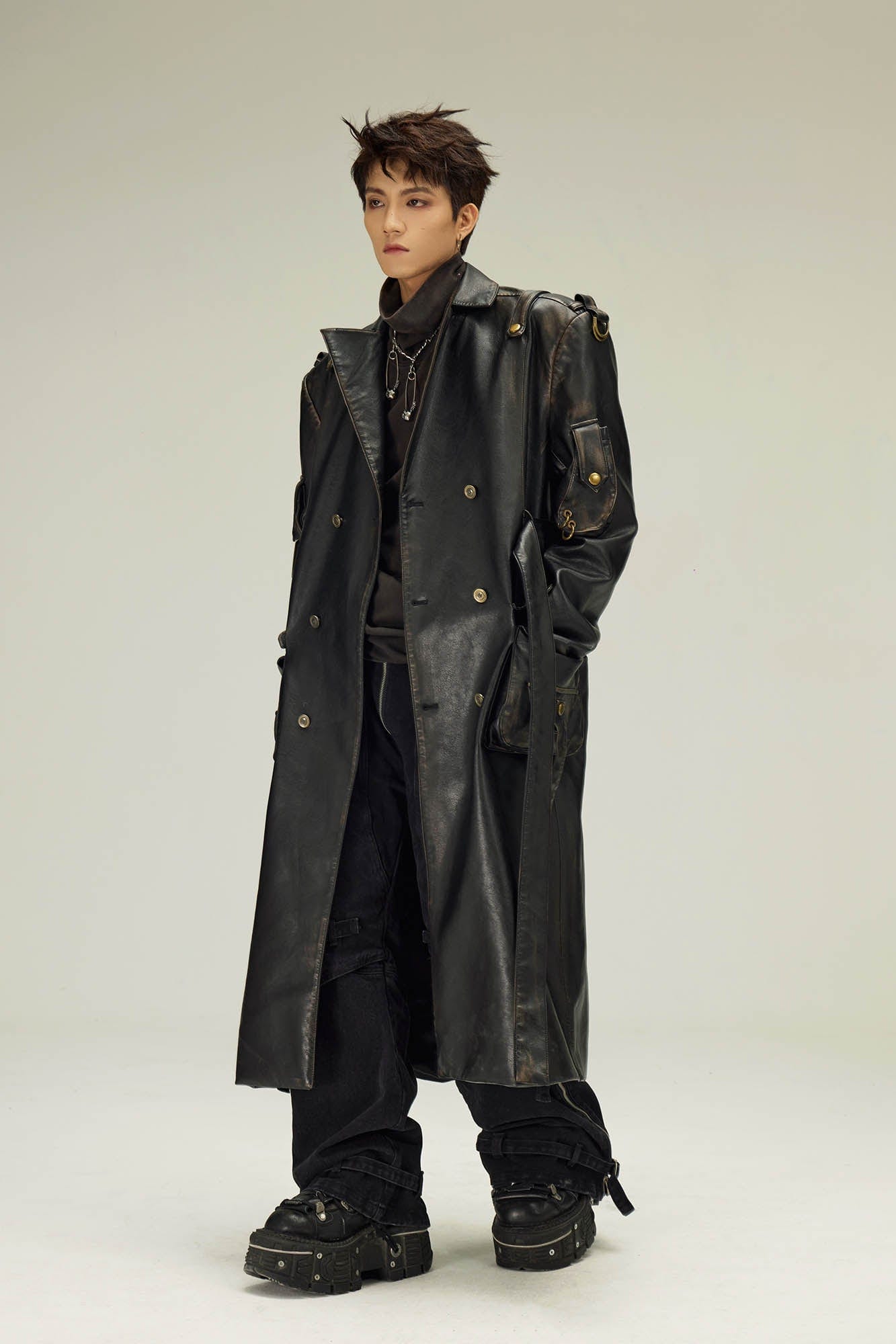 FLYERRER Multi-Pocket Belted Faux Leather Trench Coat