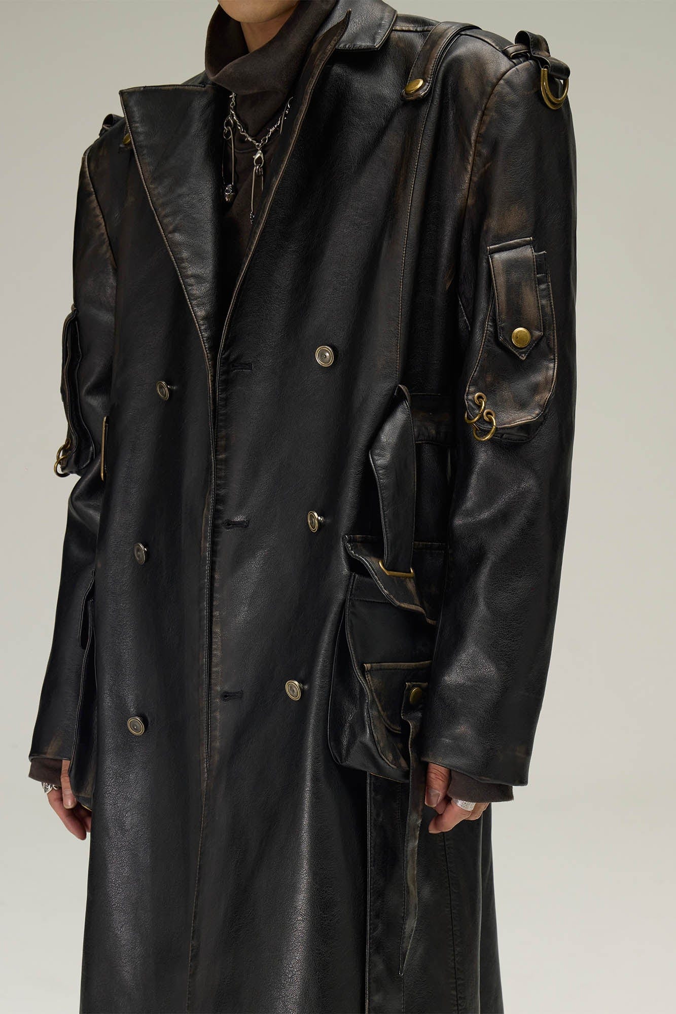 FLYERRER Multi-Pocket Belted Faux Leather Trench Coat