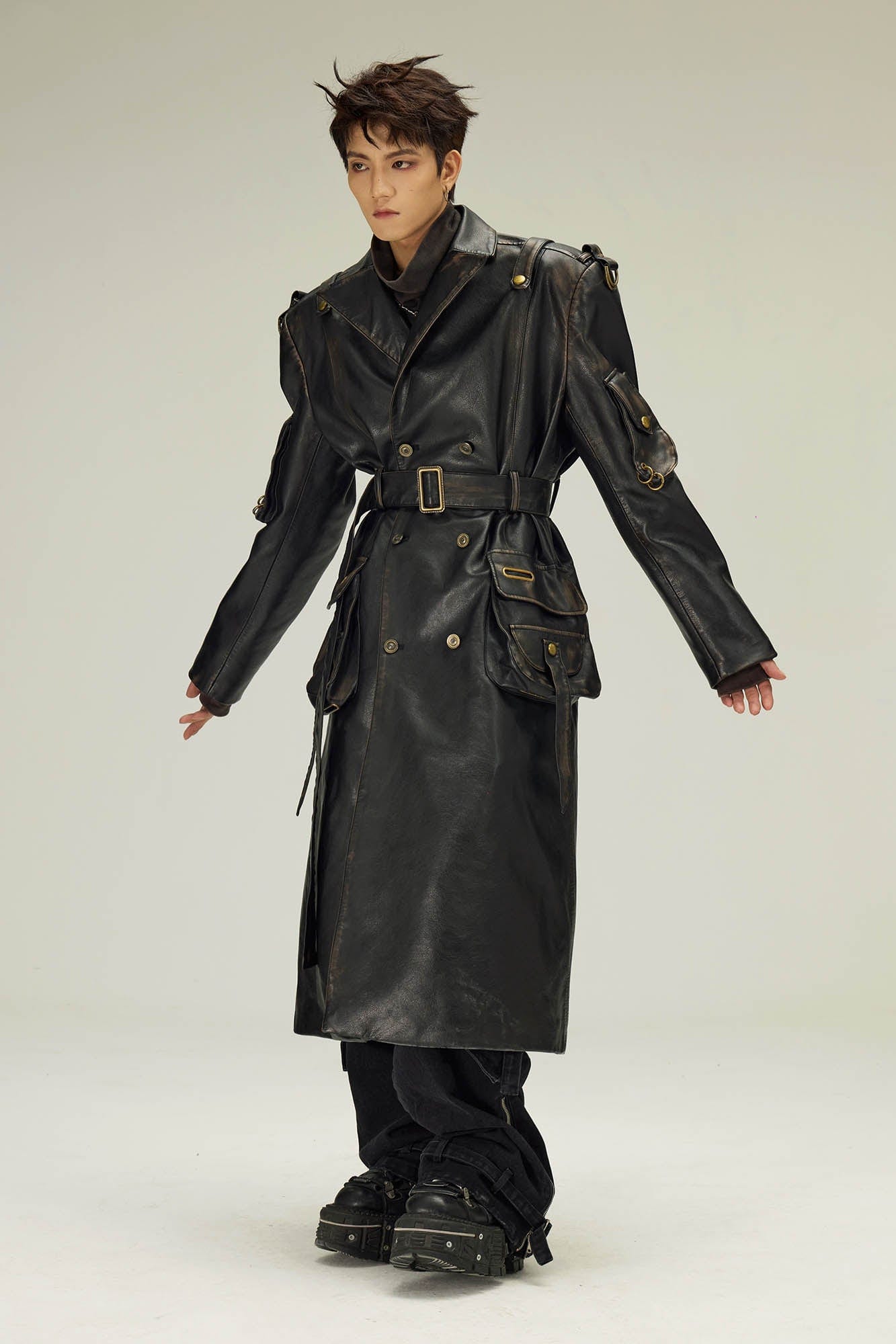 FLYERRER Multi-Pocket Belted Faux Leather Trench Coat