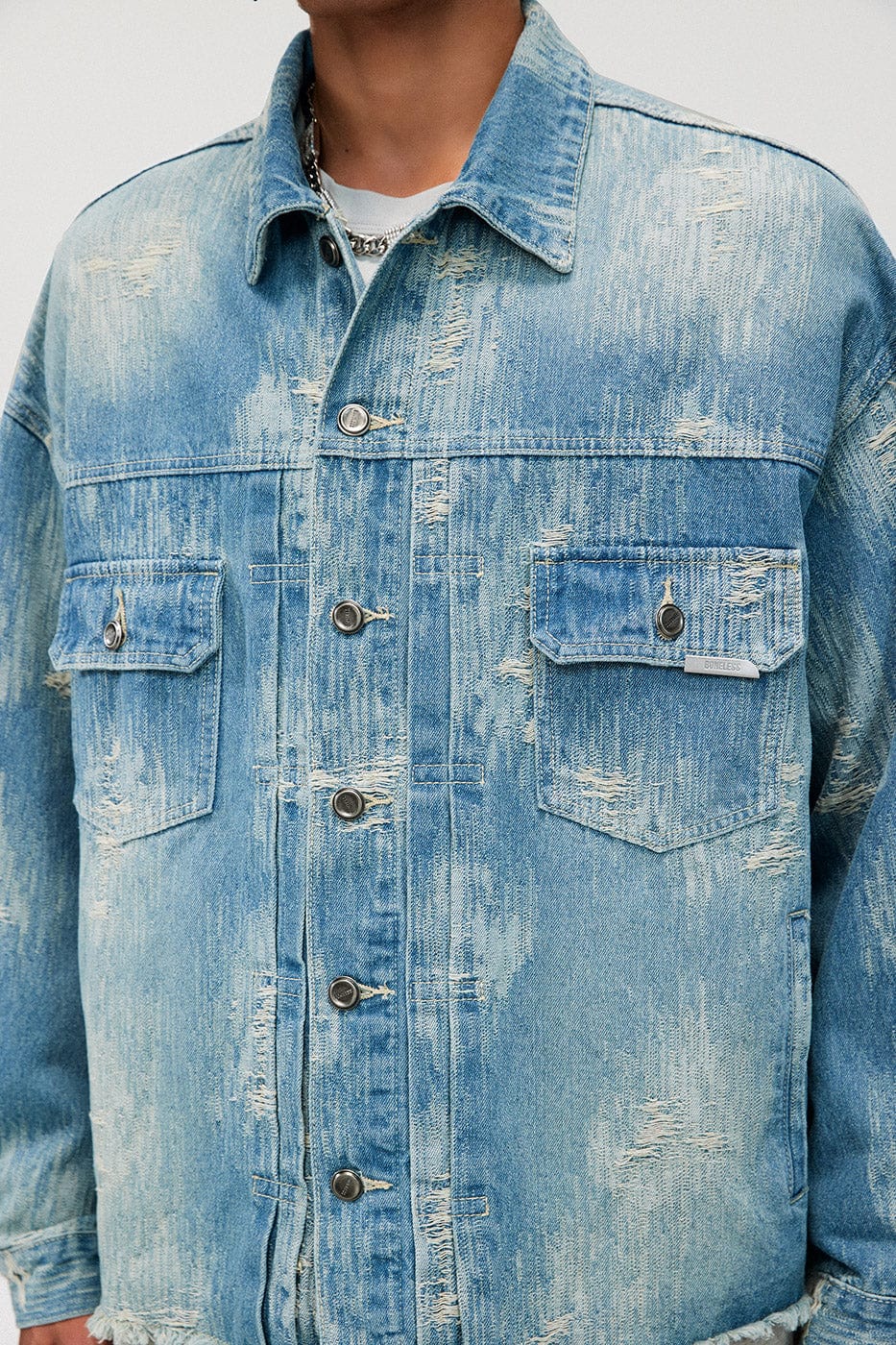 BONELESS Raw-Edge Washed Denim Jacket, premium urban and streetwear designers apparel on PROJECTISR.com, BONELESS