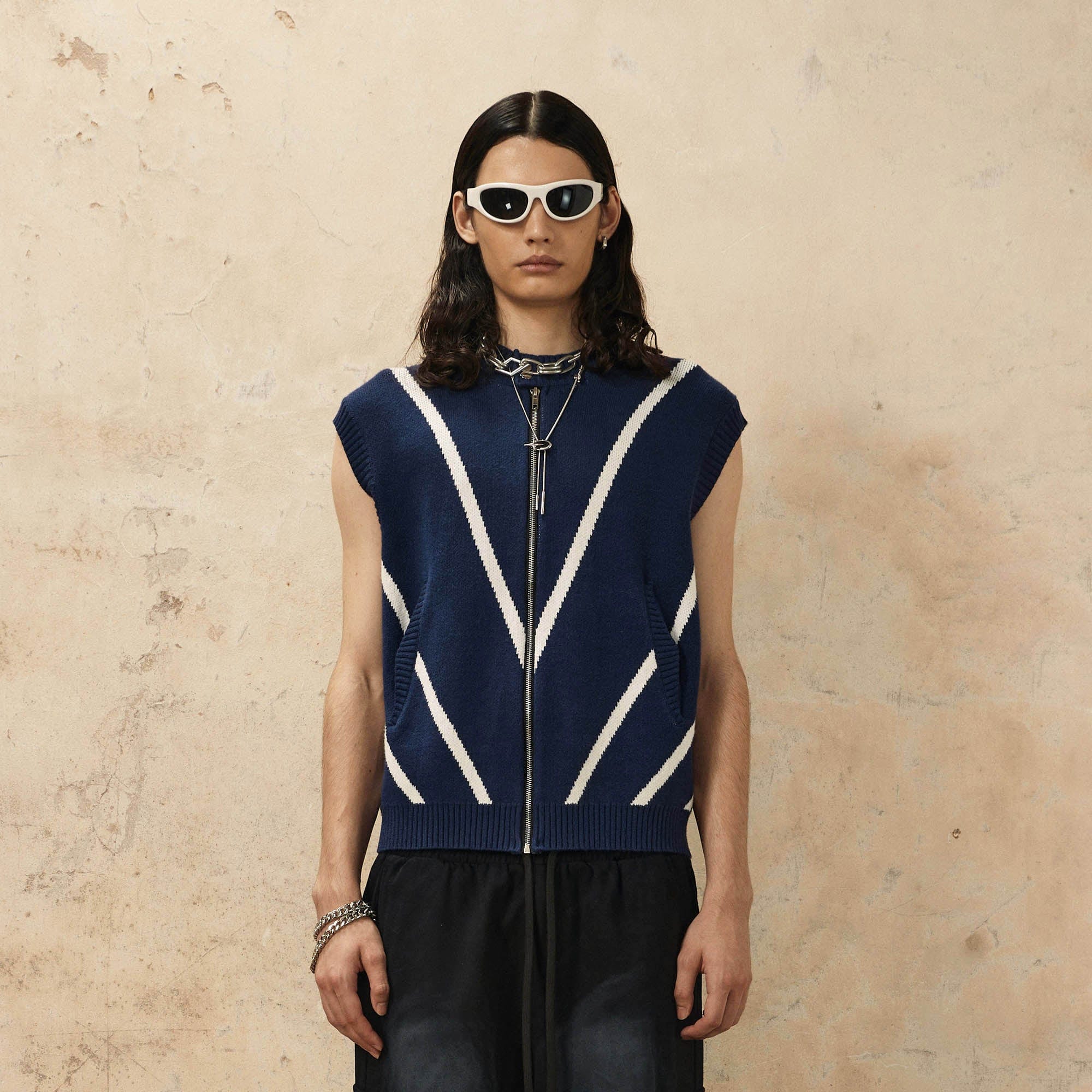 OVDY Chevron Stripe Zip-Up Knit Vest - Main Image