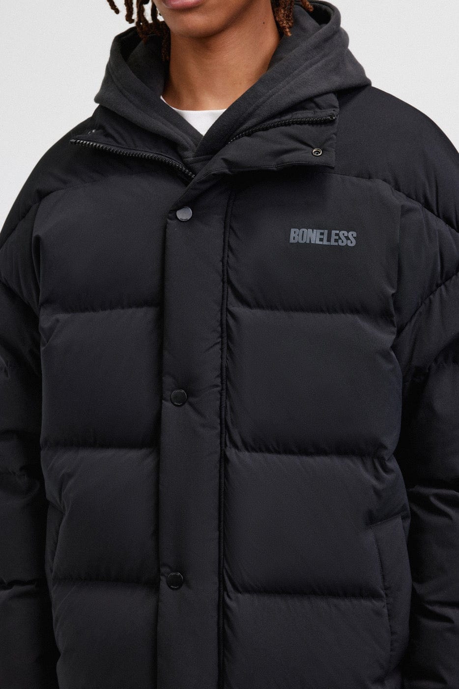 BONELESS High-Collar Logo Long Down Jacket, premium urban and streetwear designers apparel on PROJECTISR.com, BONELESS