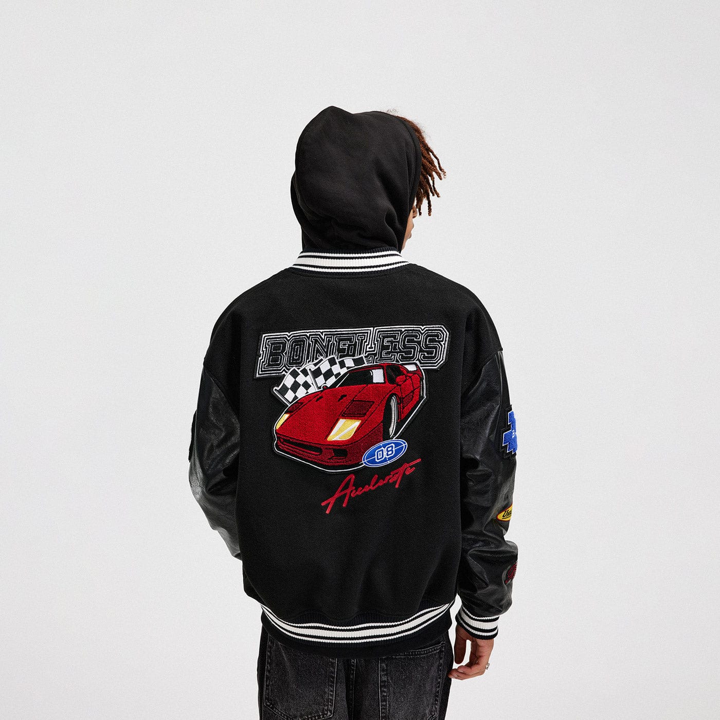 BONELESS Embroidered Racing Faux Leather Varsity Jacket, premium urban and streetwear designers apparel on PROJECTISR.com, BONELESS