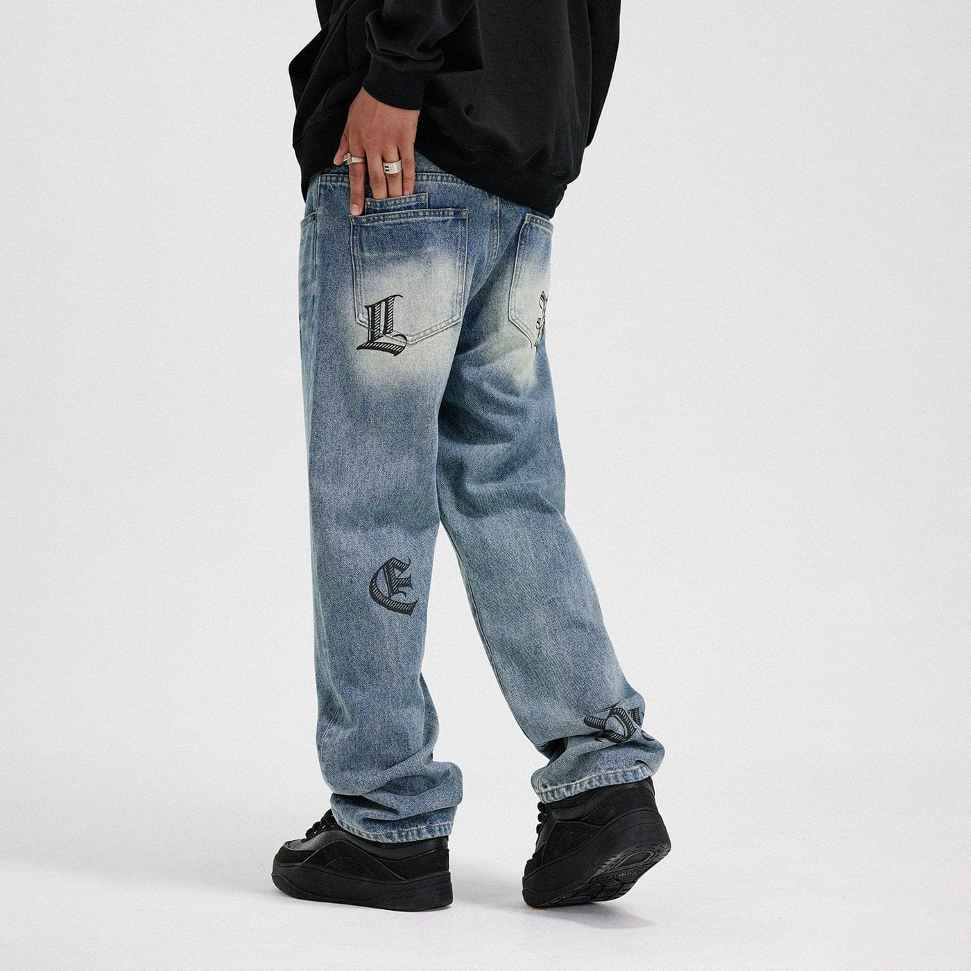 BONELESS Gothic Letters Washed Straight Jeans, premium urban and streetwear designers apparel on PROJECTISR.com, BONELESS