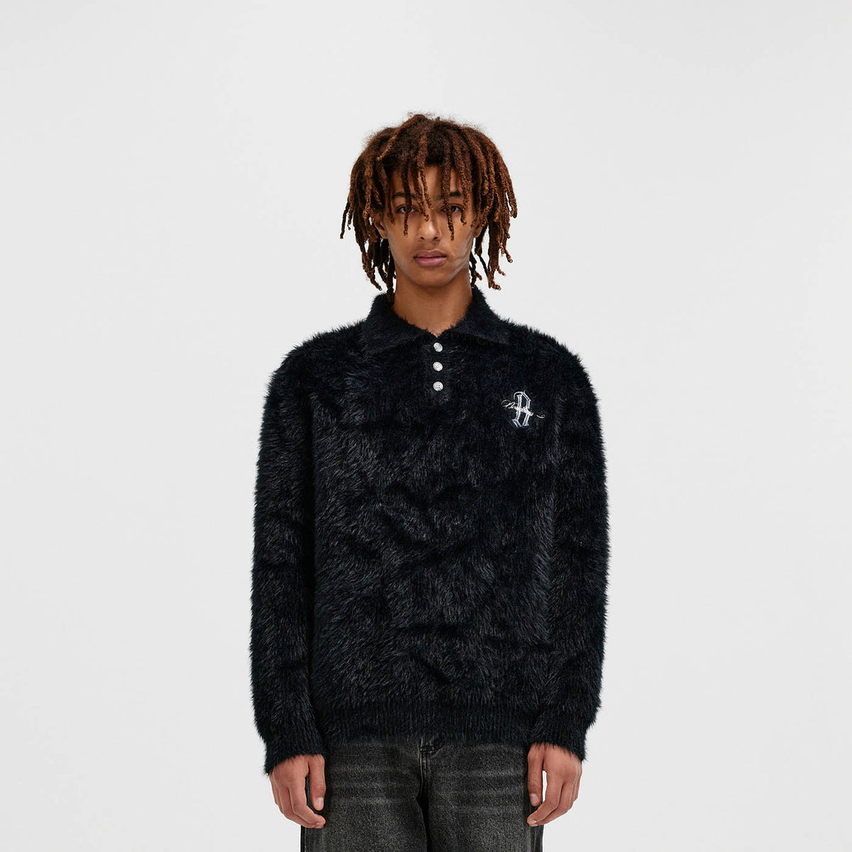 BONELESS Mohair Embroidered Logo Polo Sweater, premium urban and streetwear designers apparel on PROJECTISR.com, BONELESS