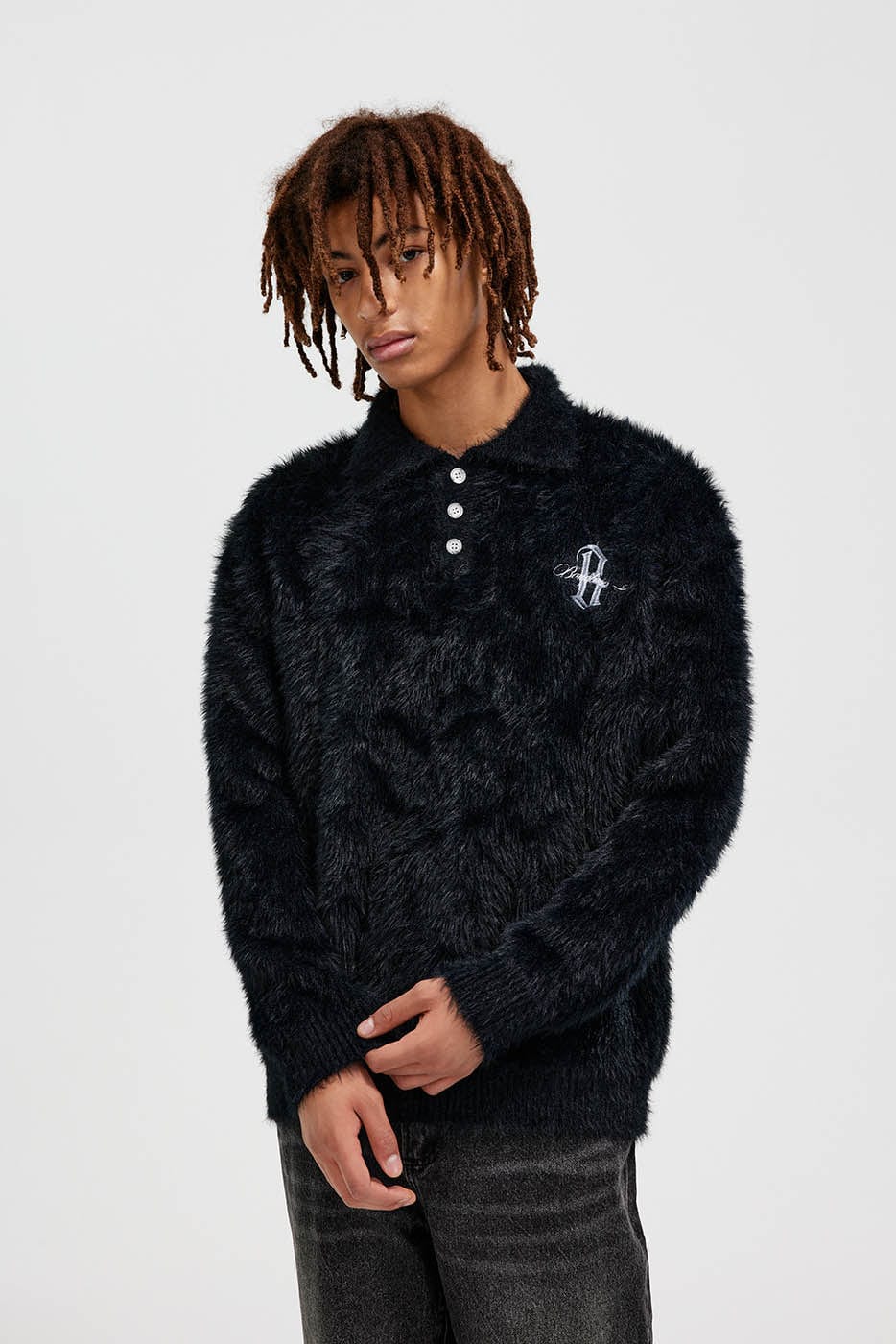 BONELESS Mohair Embroidered Logo Polo Sweater, premium urban and streetwear designers apparel on PROJECTISR.com, BONELESS