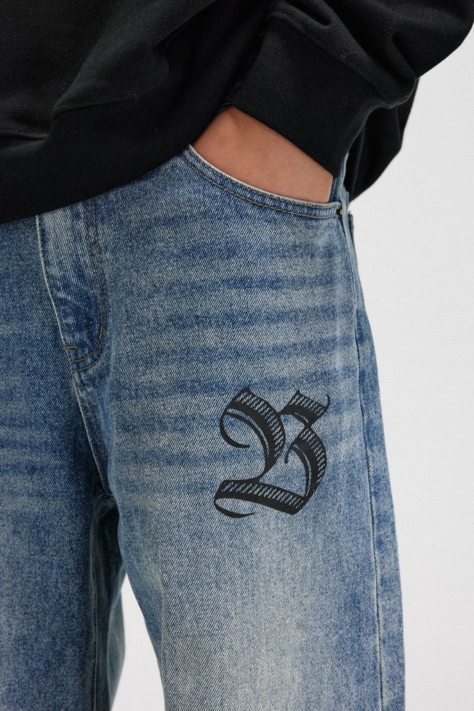 BONELESS Gothic Letters Washed Straight Jeans, premium urban and streetwear designers apparel on PROJECTISR.com, BONELESS
