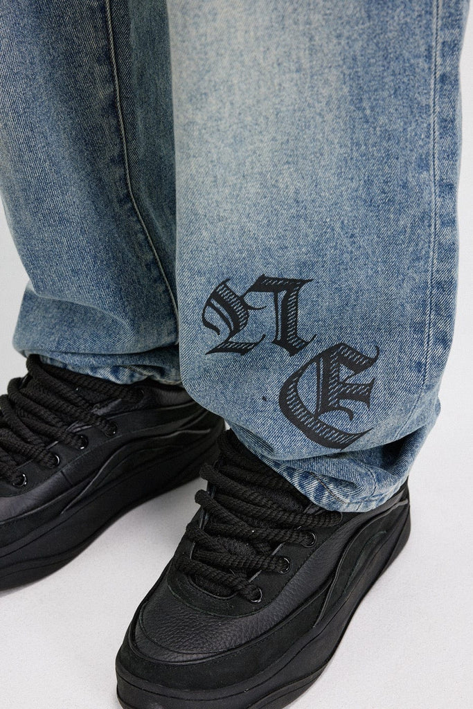 BONELESS Gothic Letters Washed Straight Jeans, premium urban and streetwear designers apparel on PROJECTISR.com, BONELESS