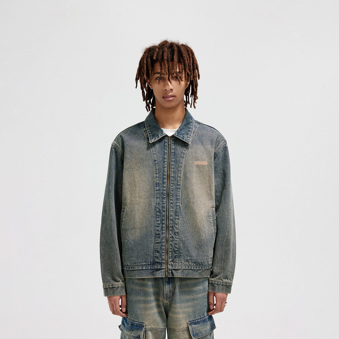 BONELESS Washed Spliced Denim Jacket, premium urban and streetwear designers apparel on PROJECTISR.com, BONELESS