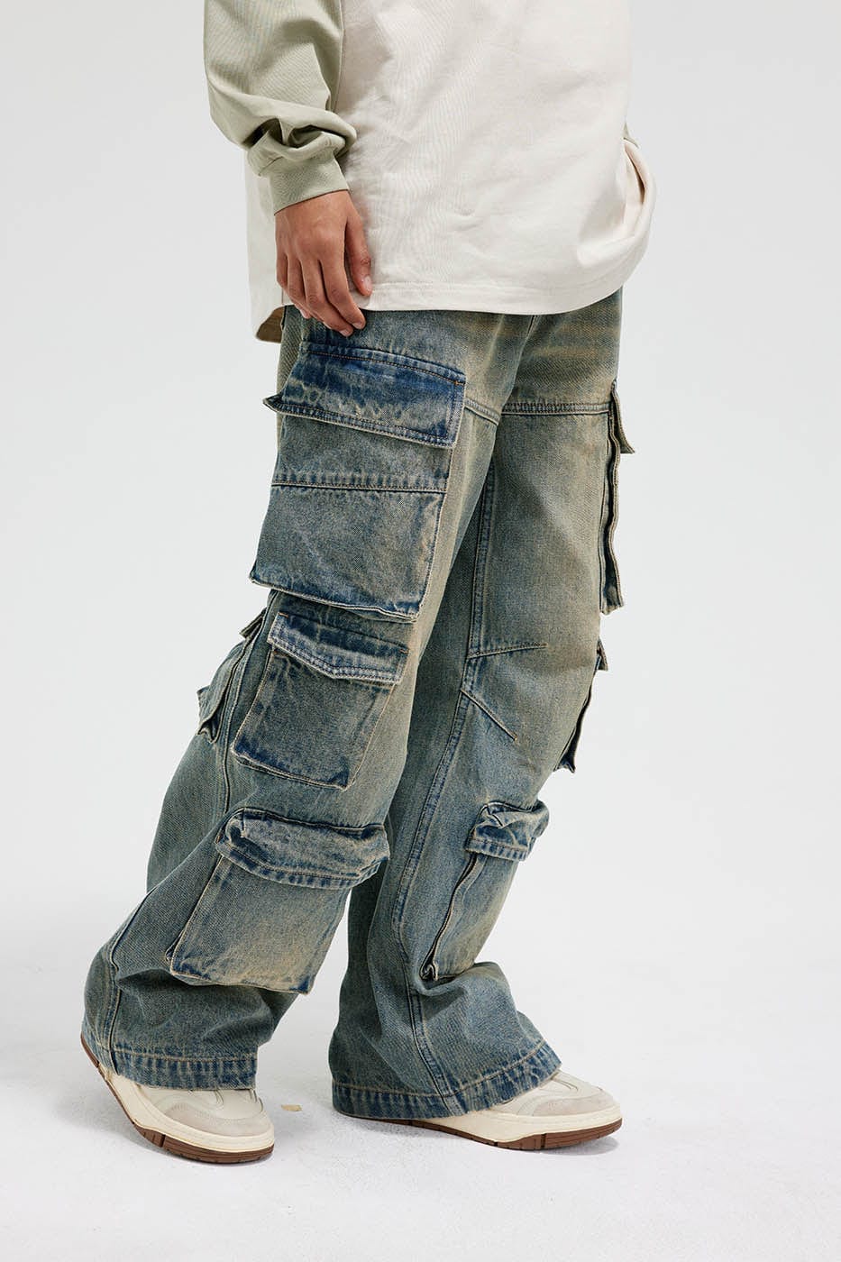 BONELESS Spliced Multi-Pocket Faded Cargo Pants, premium urban and streetwear designers apparel on PROJECTISR.com, BONELESS