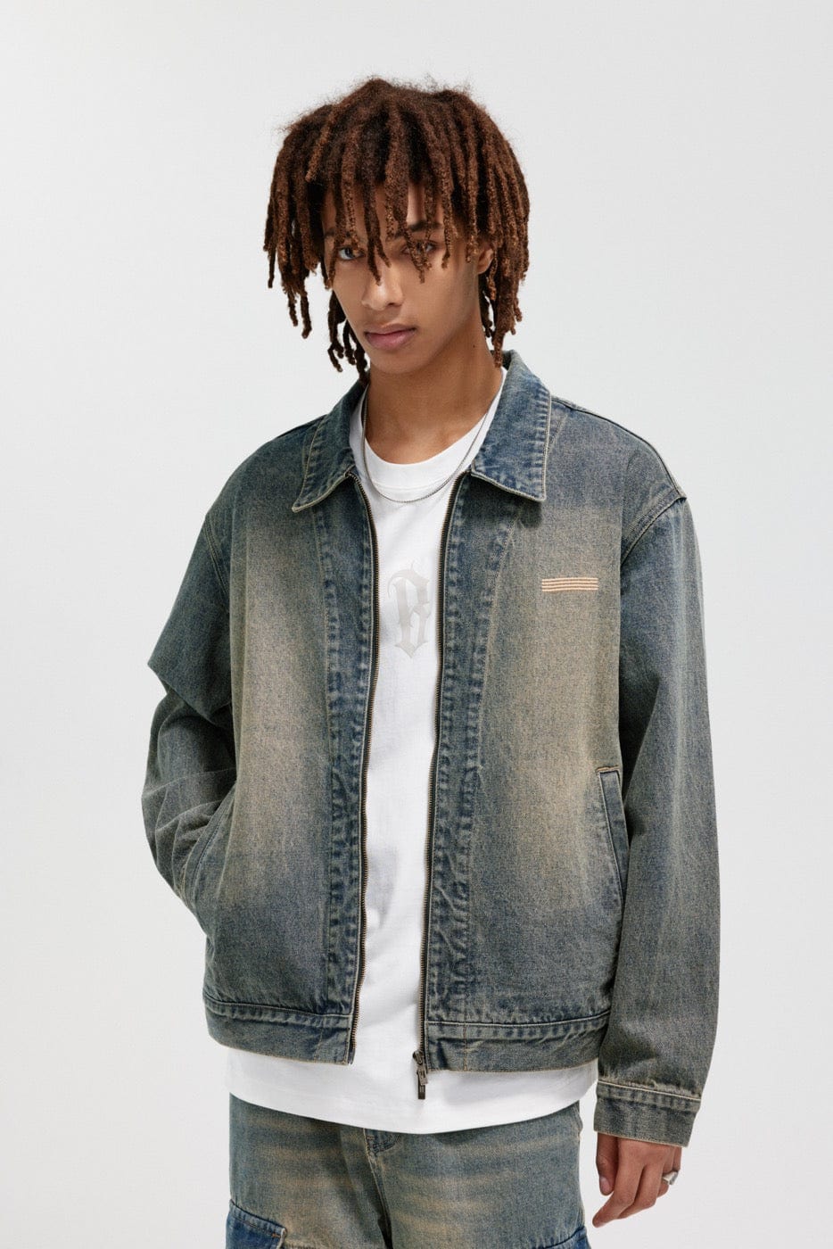 BONELESS Washed Spliced Denim Jacket, premium urban and streetwear designers apparel on PROJECTISR.com, BONELESS