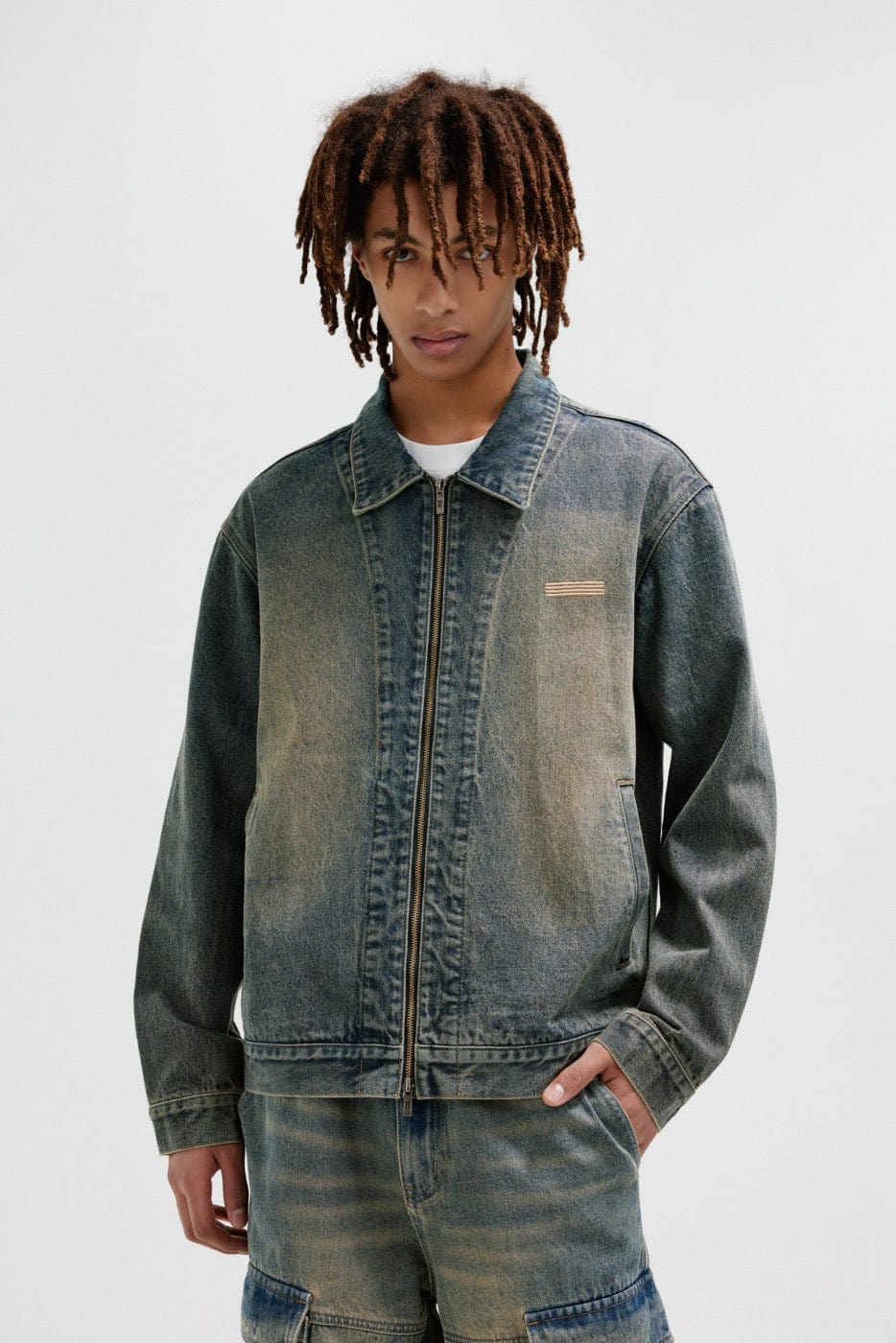 BONELESS Washed Spliced Denim Jacket, premium urban and streetwear designers apparel on PROJECTISR.com, BONELESS