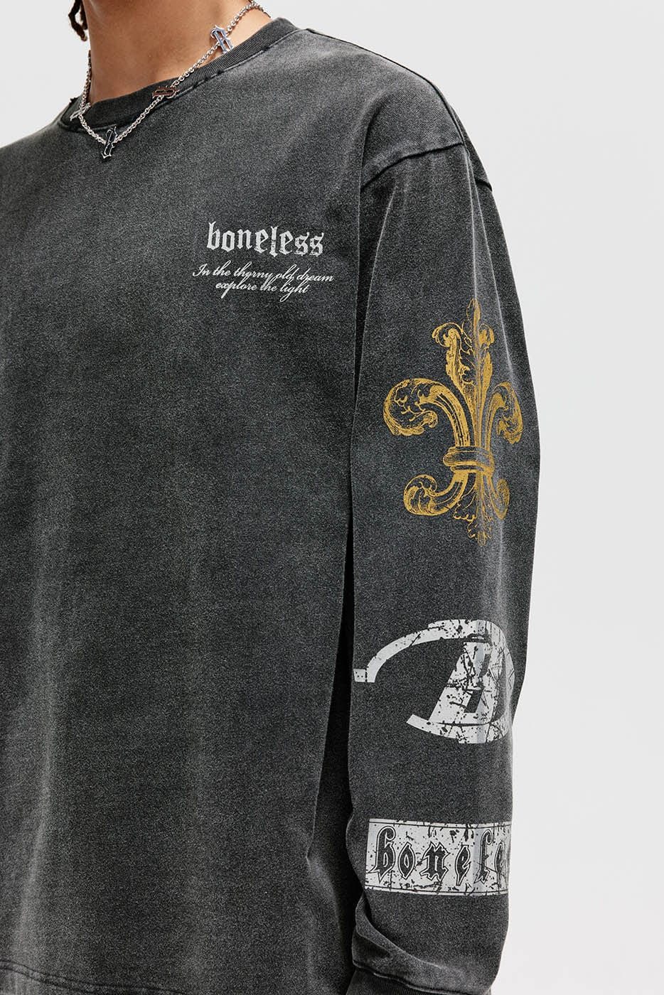 BONELESS Badge Graphics Washed Long Sleeve T-Shirt, premium urban and streetwear designers apparel on PROJECTISR.com, BONELESS