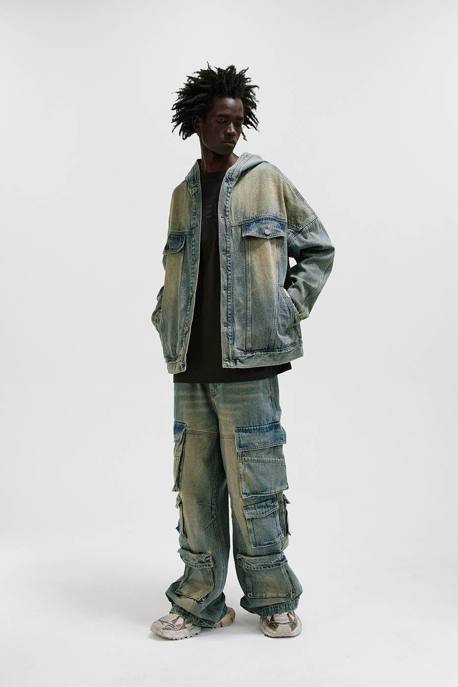 BONELESS Washed Pocket Hooded Denim Jacket, premium urban and streetwear designers apparel on PROJECTISR.com, BONELESS