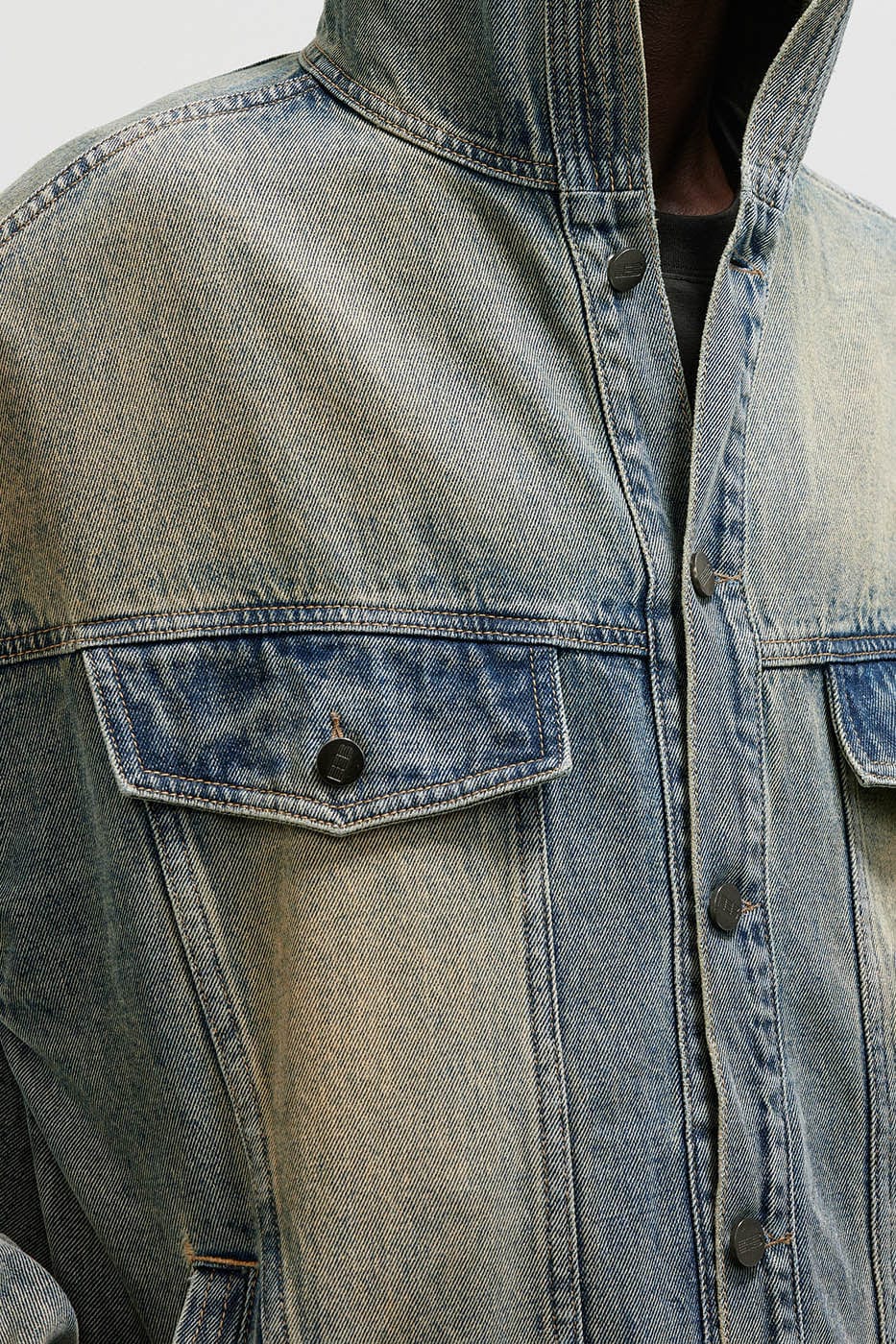 BONELESS Washed Pocket Hooded Denim Jacket, premium urban and streetwear designers apparel on PROJECTISR.com, BONELESS