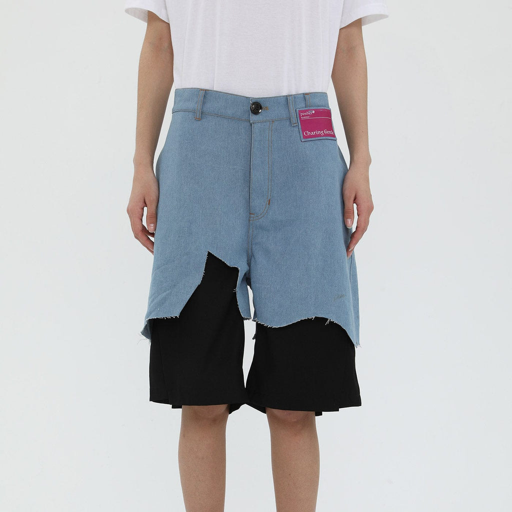 MIICHOUS Deconstructed Double-Layered Denim Shorts, premium urban and streetwear designers apparel on PROJECTISR.com, Miichous