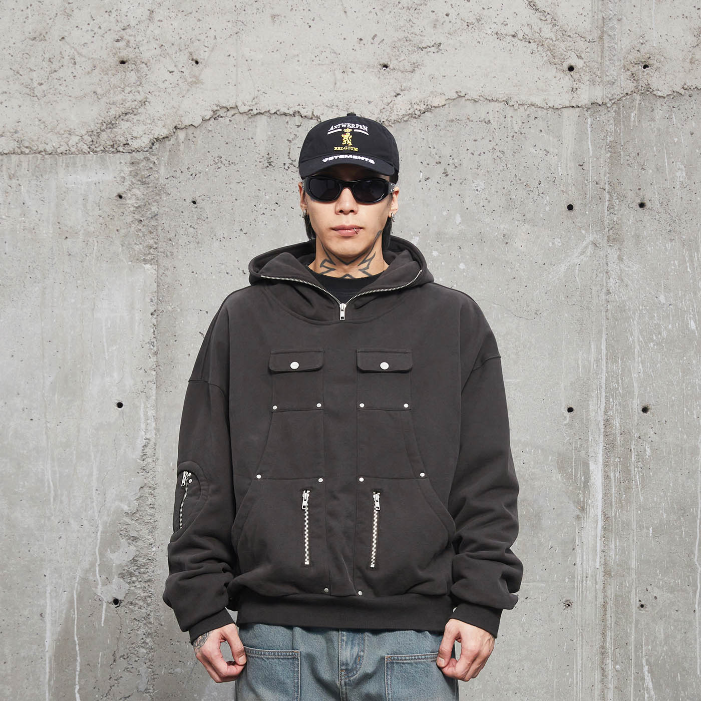 F2CE Multi-Pocket Zipper Rivet Hoodie, premium urban and streetwear designers apparel on PROJECTISR.com, F2CE