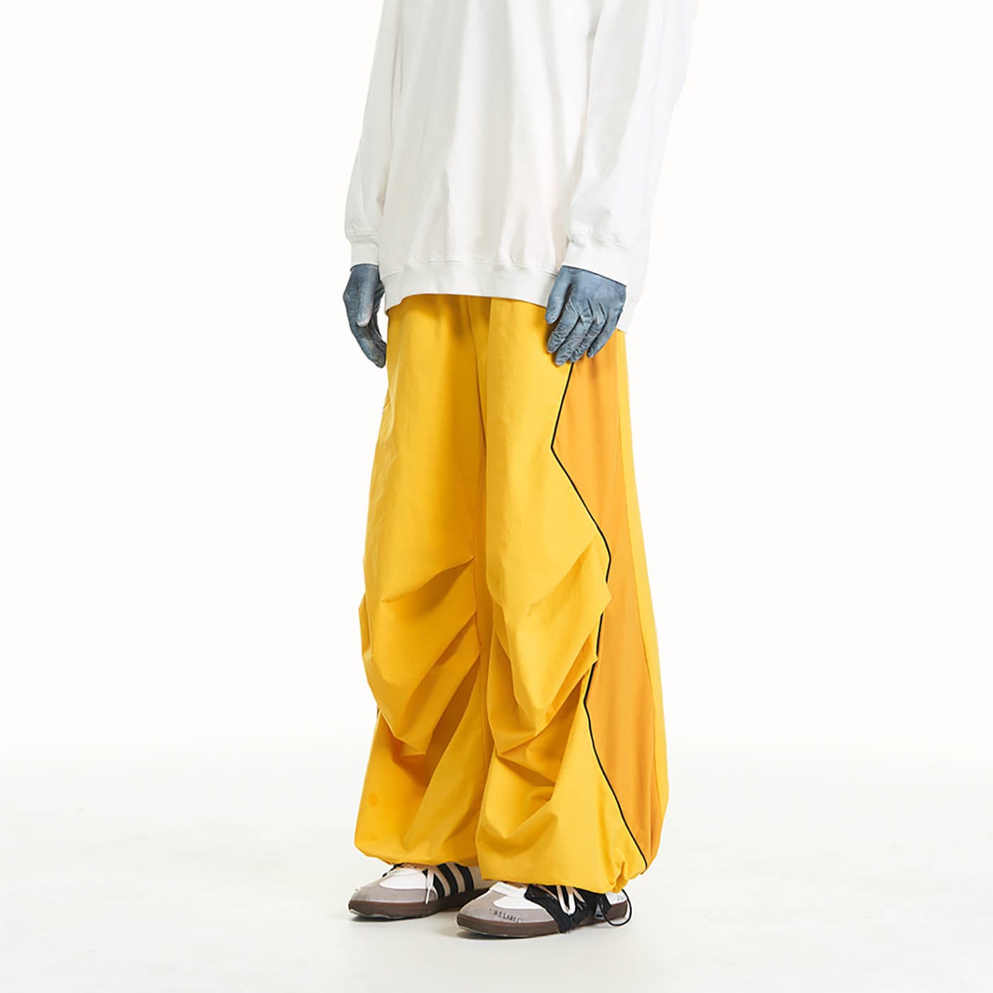 RELABEL Zig-Zag Spliced Pleated Parachute Pants, premium urban and streetwear designers apparel on PROJECTISR.com, RELABEL