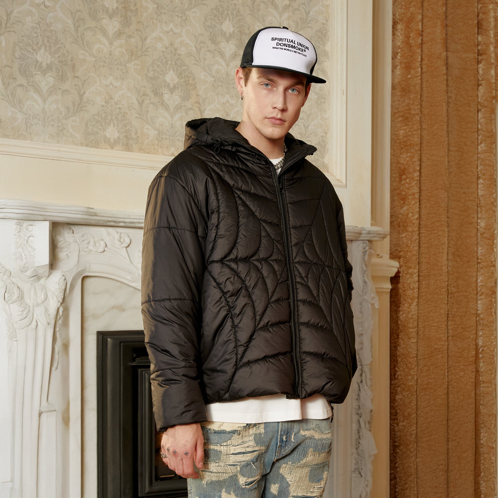 DONSMOKE Spider Web Quilt Hooded Puffer Jacket