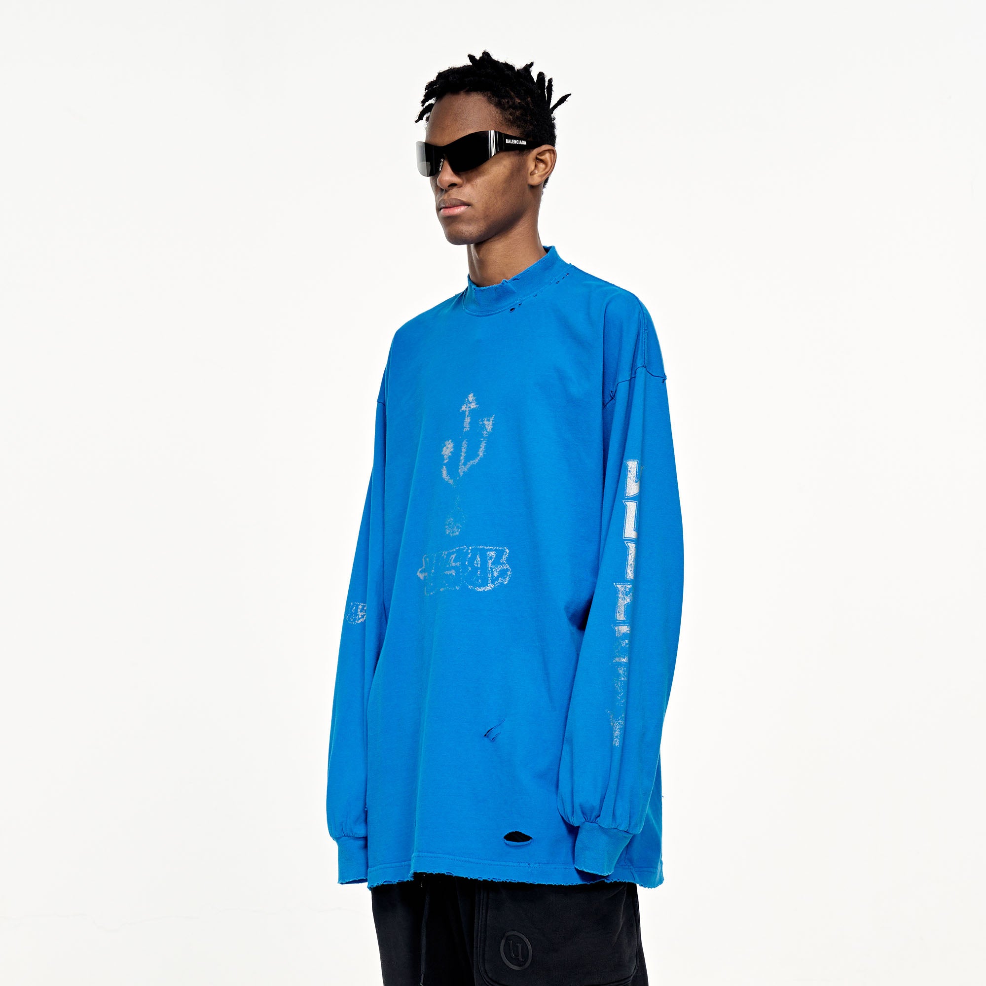 ULIPERY Distressed USB Graphic Long Sleeve Tee Blue