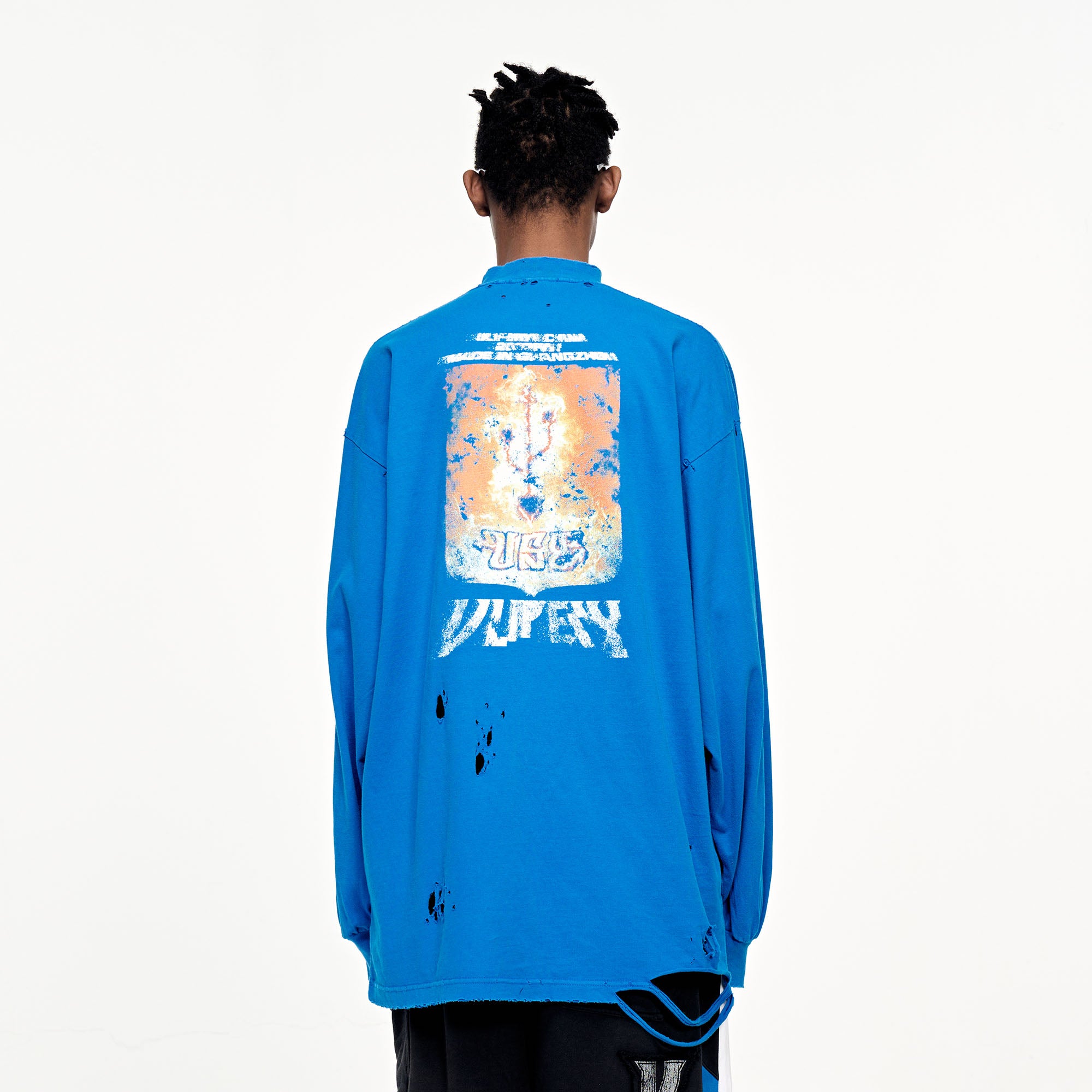 ULIPERY Distressed USB Graphic Long Sleeve Tee Blue, premium urban and streetwear designers apparel on PROJECTISR.com, ULIPERY