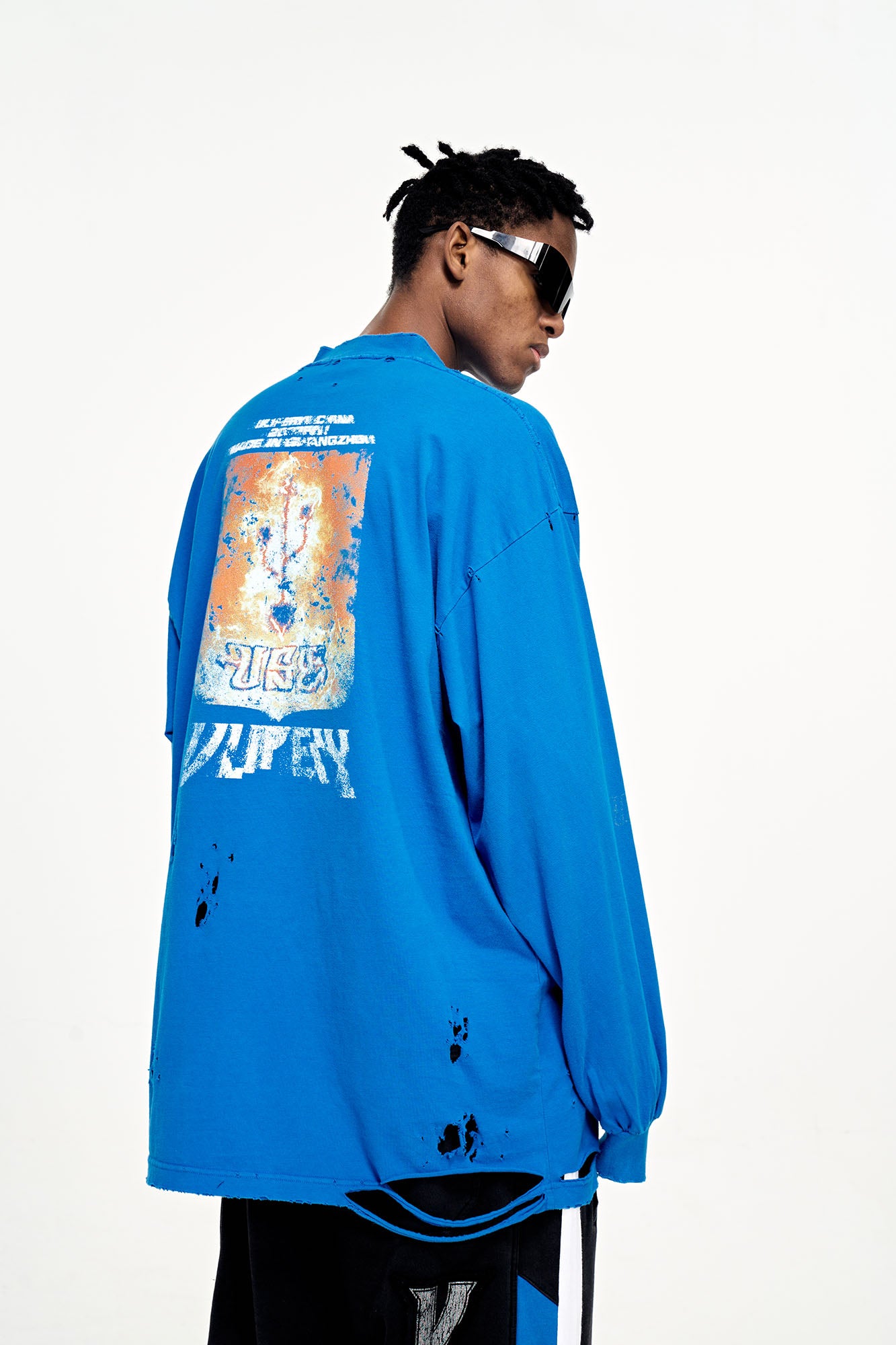 ULIPERY Distressed USB Graphic Long Sleeve Tee Blue, premium urban and streetwear designers apparel on PROJECTISR.com, ULIPERY