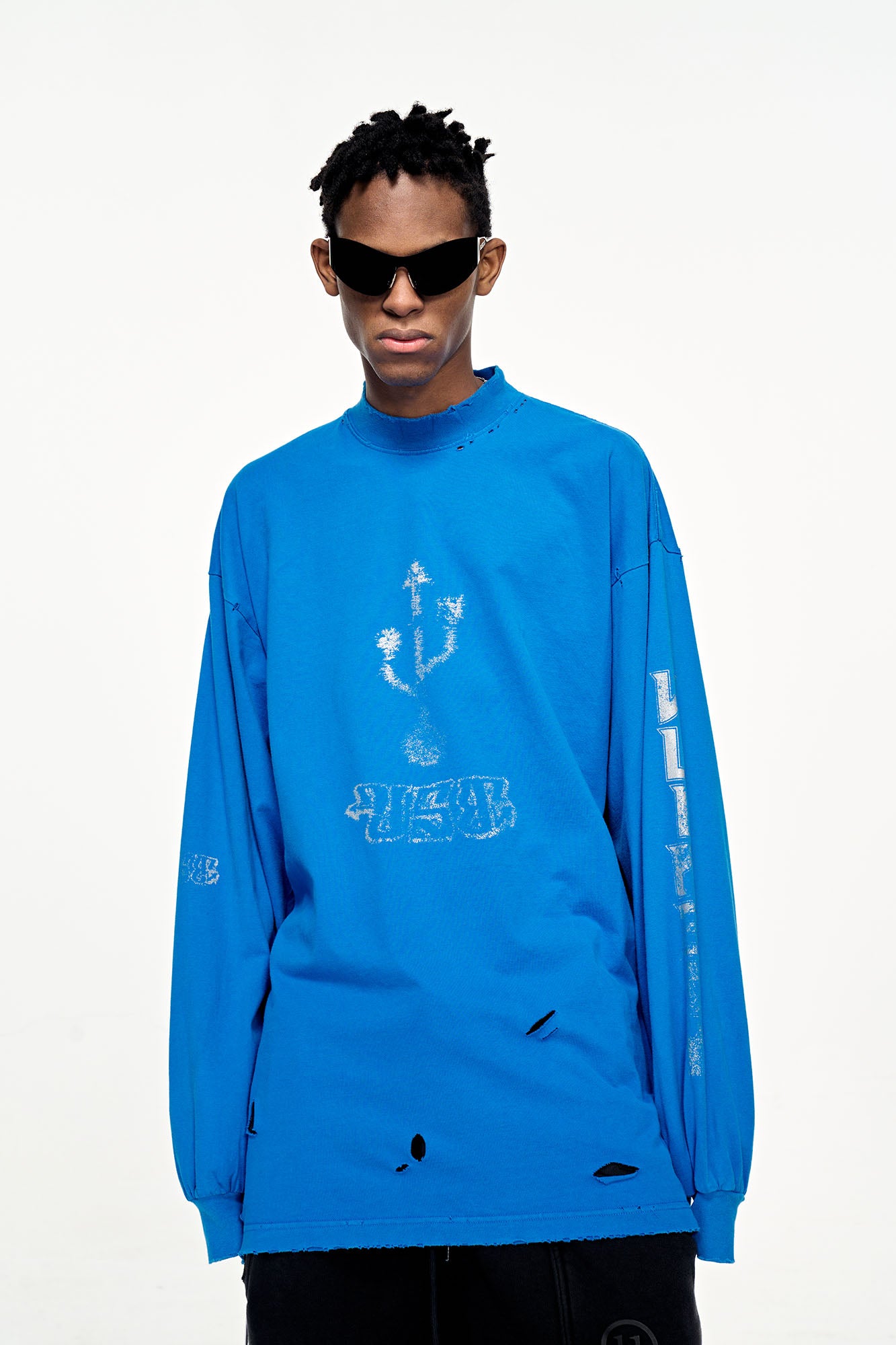 ULIPERY Distressed USB Graphic Long Sleeve Tee Blue, premium urban and streetwear designers apparel on PROJECTISR.com, ULIPERY