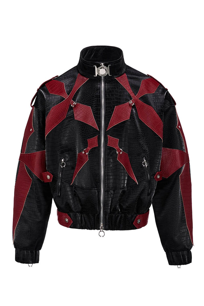 FLYERRER Four-Pointed Star Rivet Faux Feather Biker Jacket Red, premium urban and streetwear designers apparel on PROJECTISR.com, FLYERRER