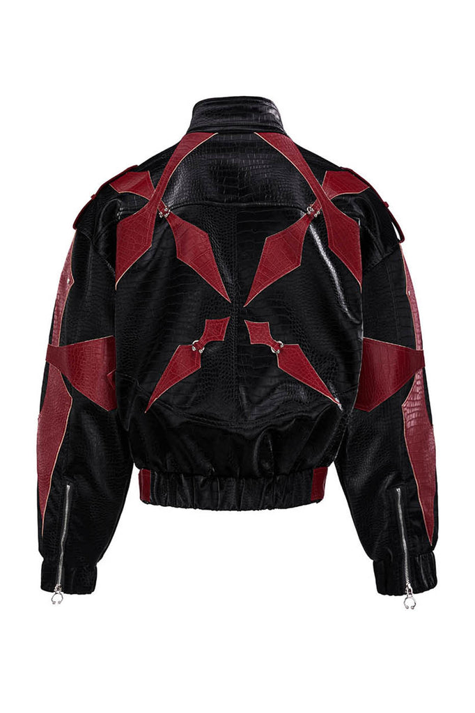 FLYERRER Four-Pointed Star Rivet Faux Feather Biker Jacket Red, premium urban and streetwear designers apparel on PROJECTISR.com, FLYERRER