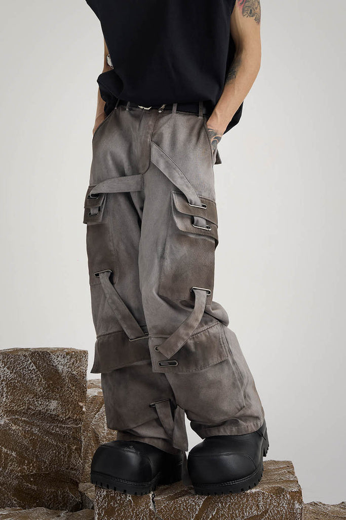 FLYERRER Multi-Pocket Misaligned Strap Tie-Dyed Cargo Pants, premium urban and streetwear designers apparel on PROJECTISR.com, FLYERRER