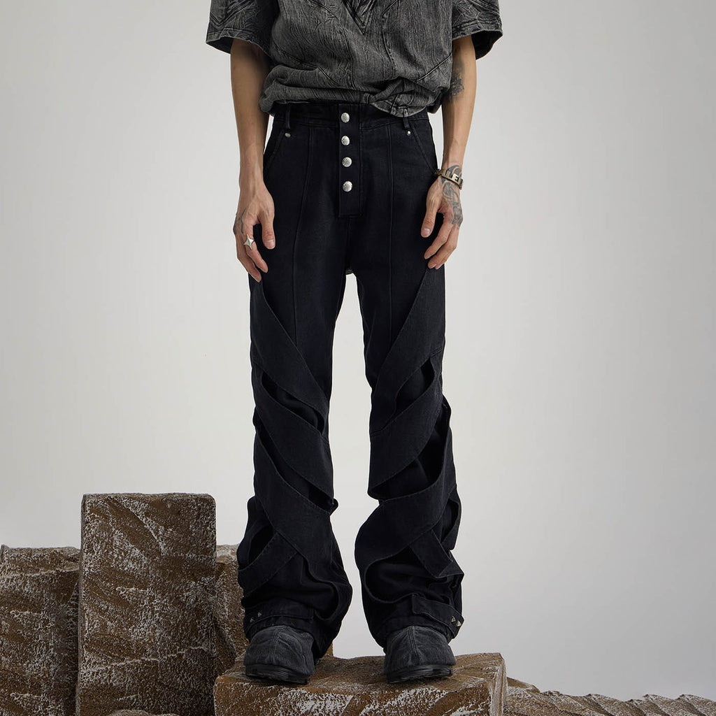 FLYERRER Deconstructed Double-Layered Strapped Washed Jeans
