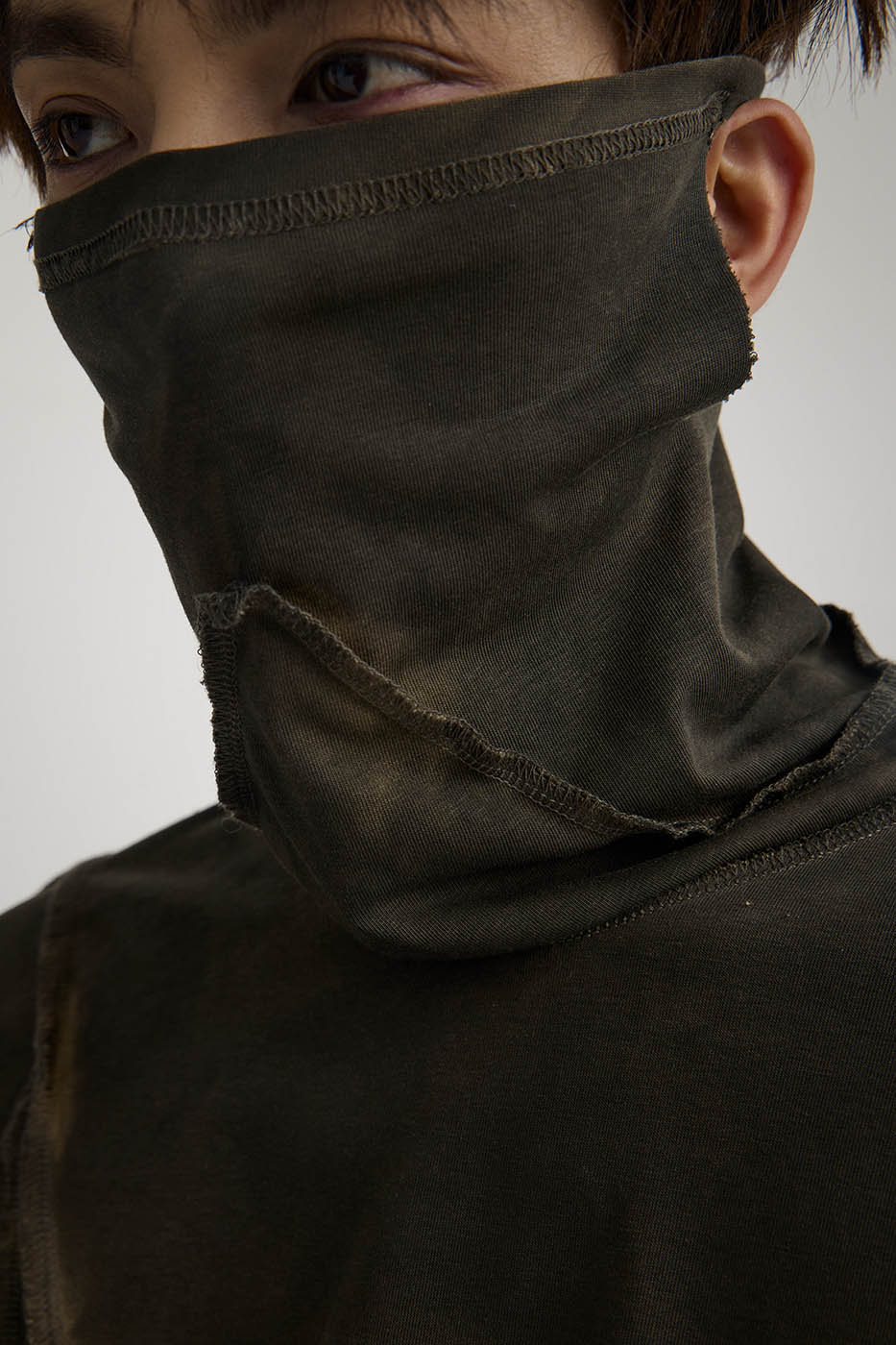 FLYERRER Distressed Reversible Spliced High-Neck L/S Tee, premium urban and streetwear designers apparel on PROJECTISR.com, FLYERRER