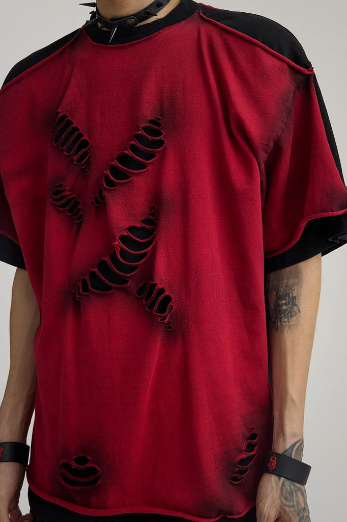 FLYERRER Double-Layered Ripped T-Shirt Red, premium urban and streetwear designers apparel on PROJECTISR.com, FLYERRER