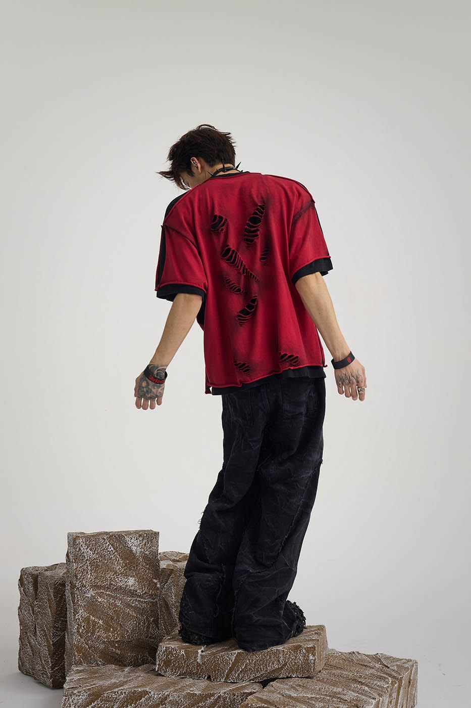 FLYERRER Double-Layered Ripped T-Shirt Red, premium urban and streetwear designers apparel on PROJECTISR.com, FLYERRER