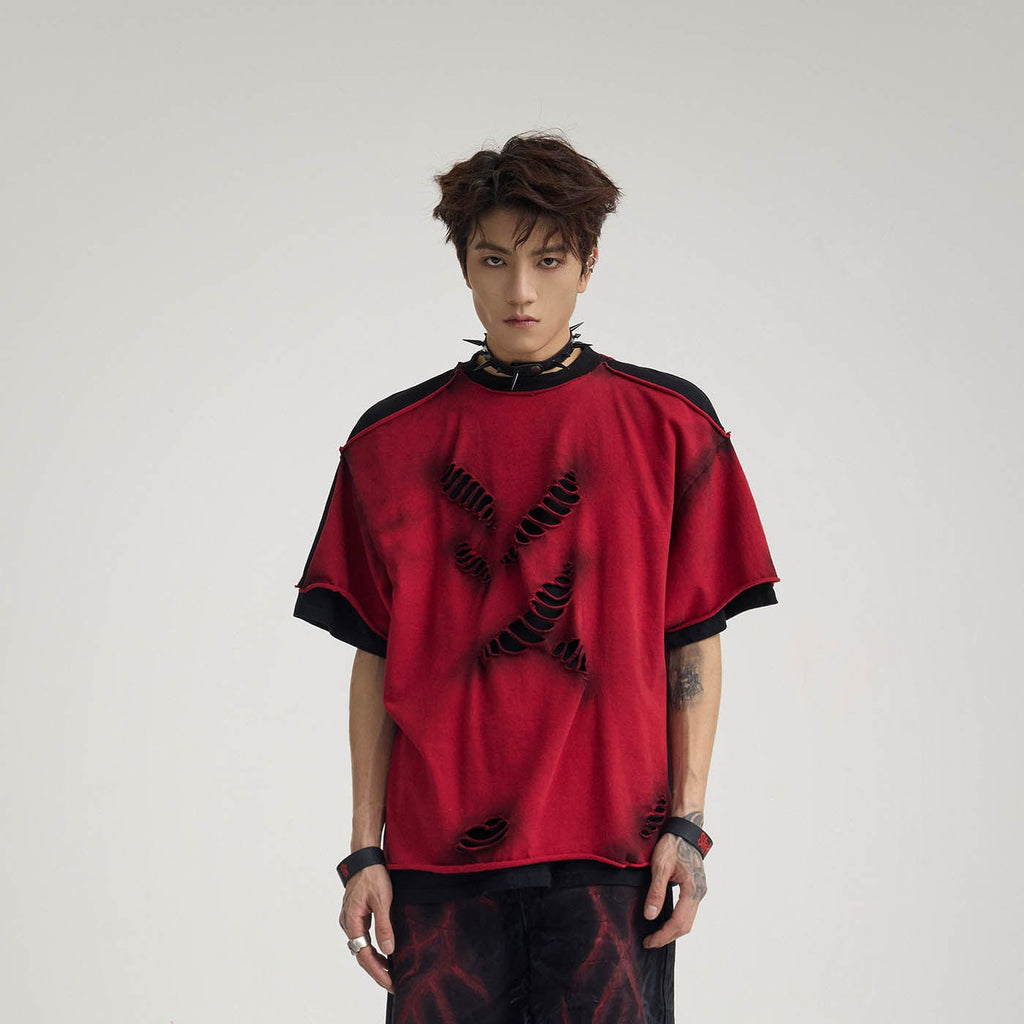 FLYERRER Double-Layered Ripped T-Shirt Red