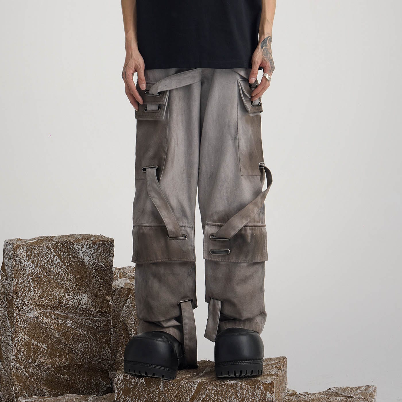 FLYERRER Multi-Pocket Misaligned Strap Tie-Dyed Cargo Pants, premium urban and streetwear designers apparel on PROJECTISR.com, FLYERRER