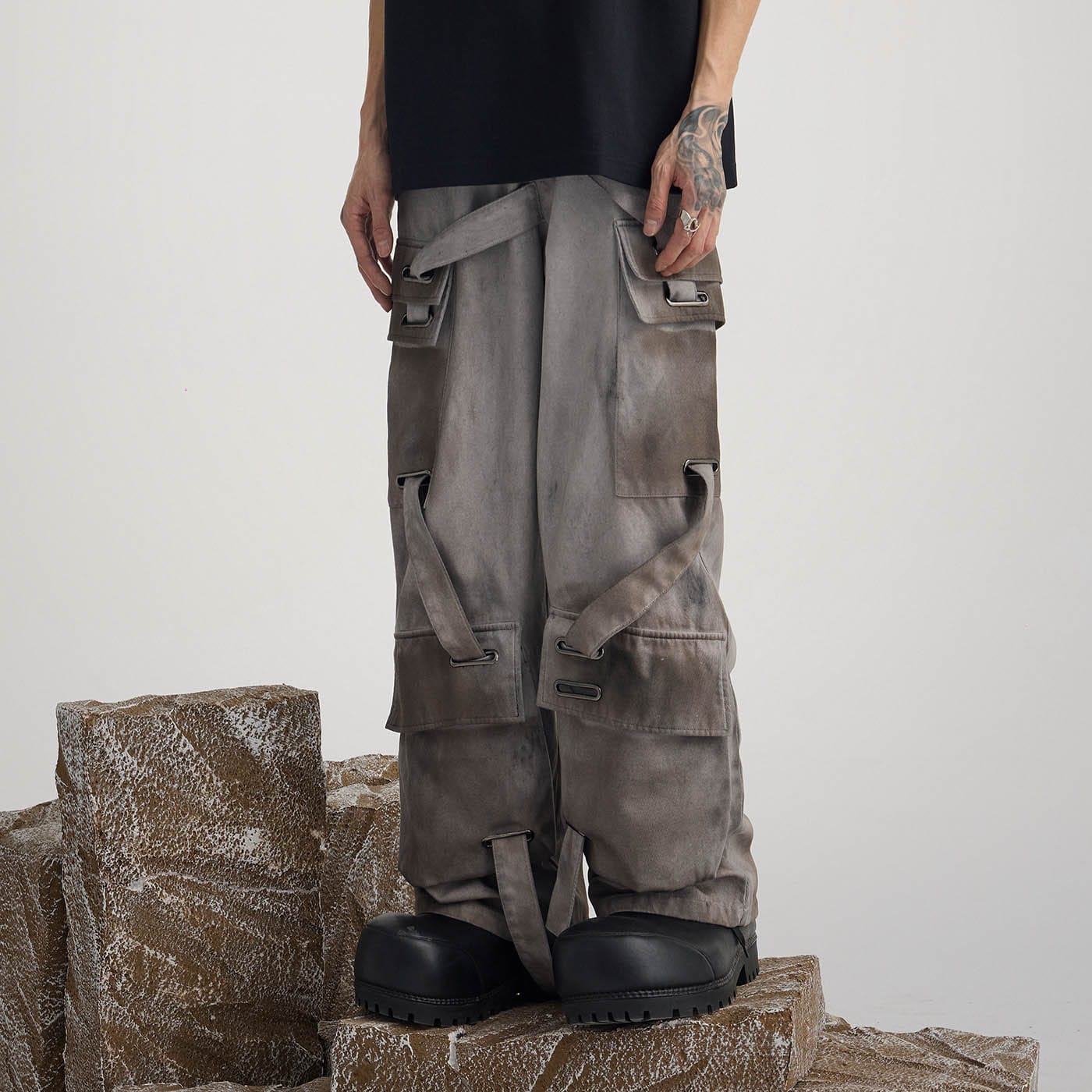 FLYERRER Multi-Pocket Misaligned Strap Tie-Dyed Cargo Pants, premium urban and streetwear designers apparel on PROJECTISR.com, FLYERRER