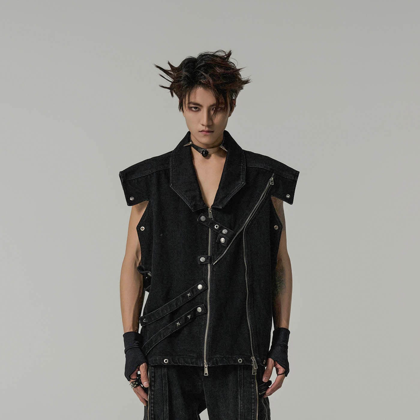 FLYERRER Deconstructed Strapped Rivet Zip Up Vest