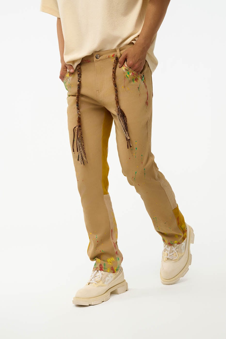 REDH Paint-Splattered Spliced Straight-Leg Pants, premium urban and streetwear designers apparel on PROJECTISR.com, REDH