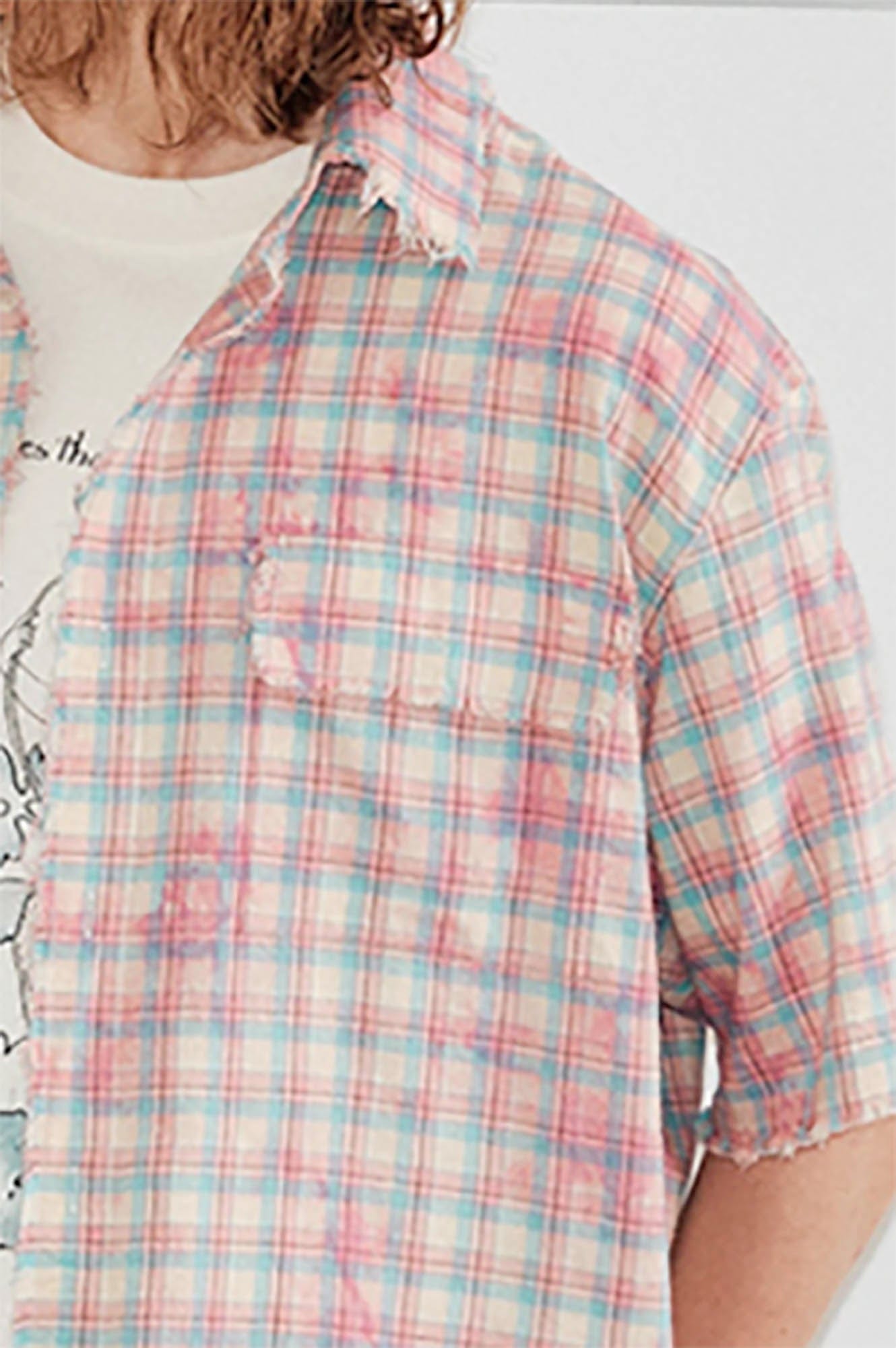 KREATE Frayed Tie-Dye Plaid Half Shirt